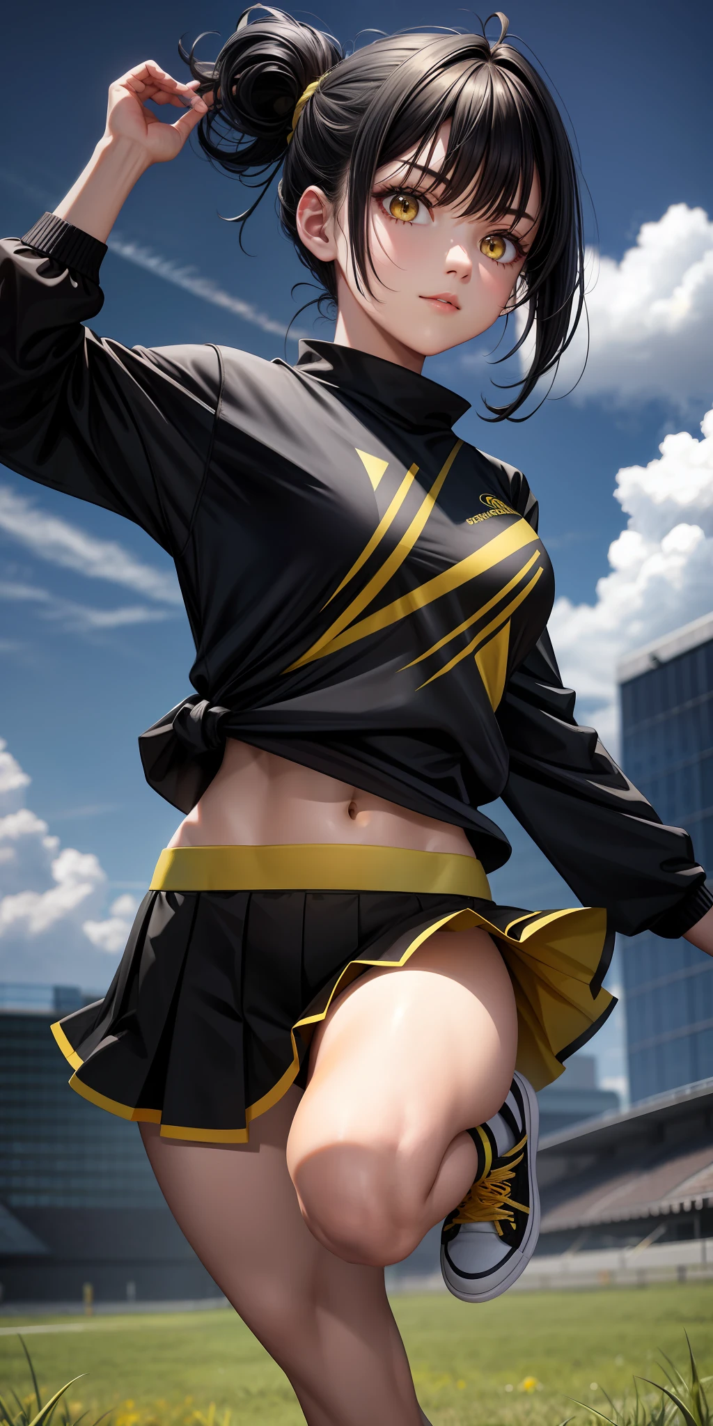 realistic, 1girl, black hair, yellow eyes, hair tied, black top, black skirt, sneakers, ABS, on a green field, dynamic pose
