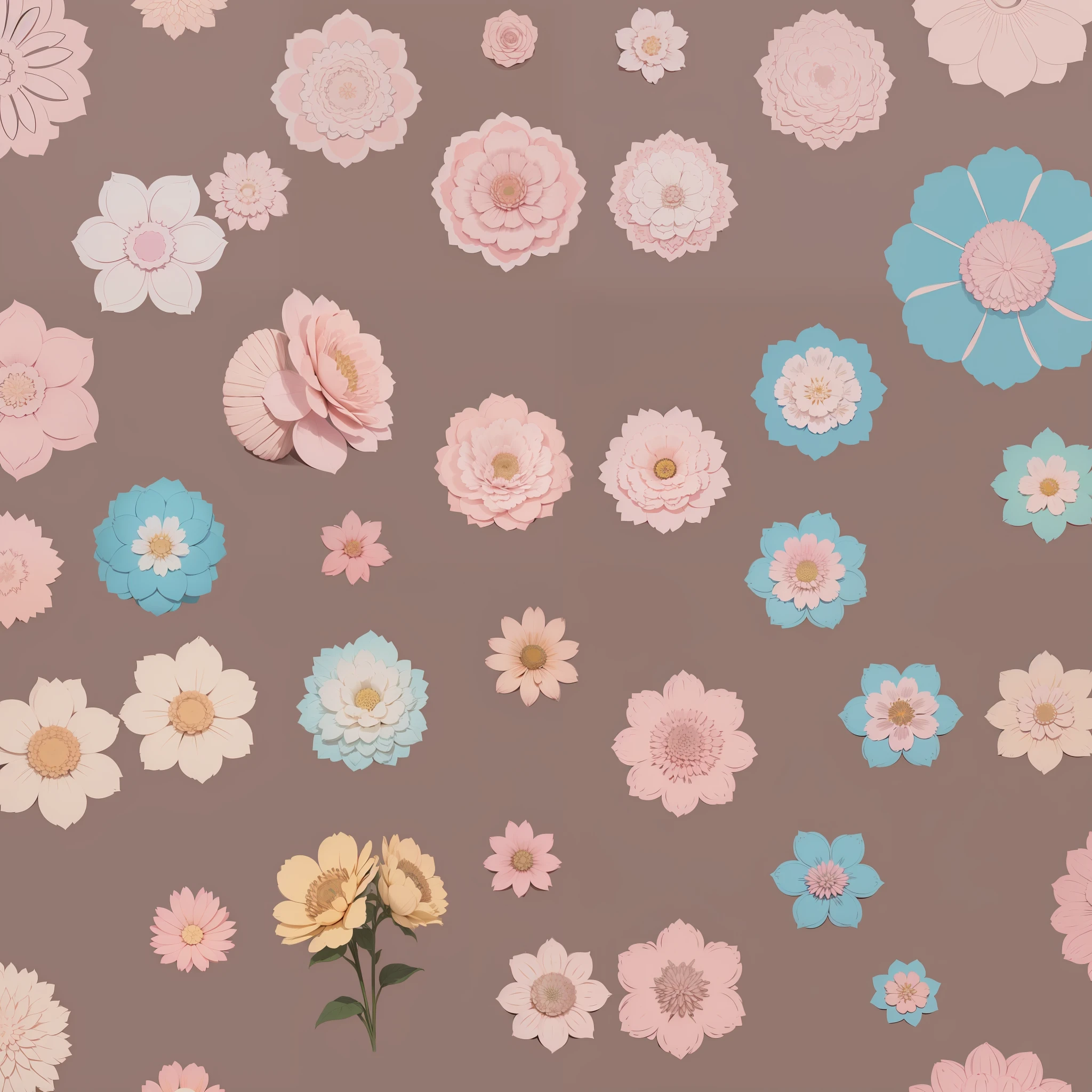 Set pattern of large flowers of defined shape, flat style, vector style, drawing style, naïve style, in soft pastel colors such as old pink, pastel blue, light blue, beige, pastel yellow.