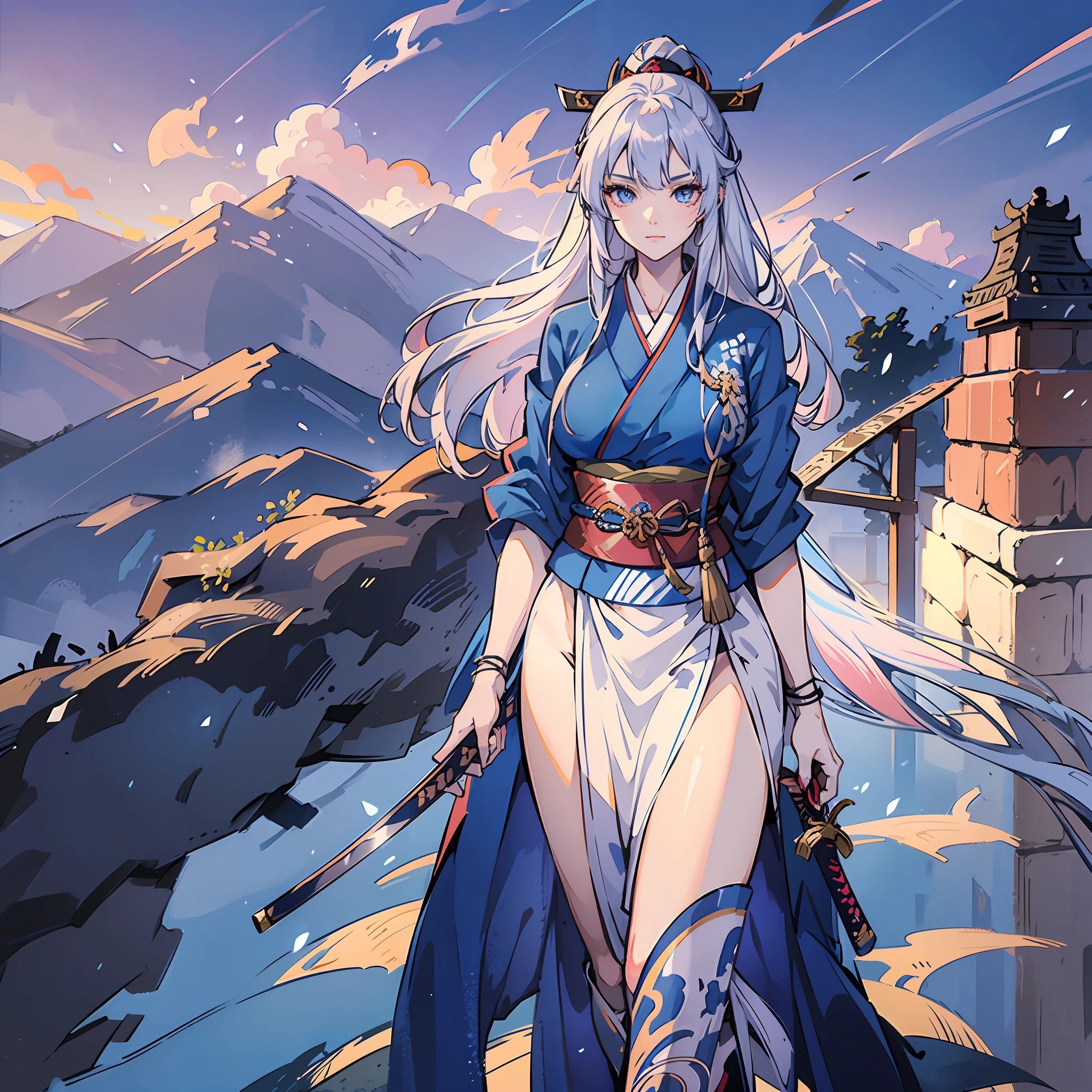 amurai Young woman - adult, blue kimono, long white hair, straight hair, happy and adult face, badass, blue eyes, katana, monastery scenery, sunset, light --RPG style --Medieval Style Fantasy Ultra HD, 8K, masterpiece --auto --s2
