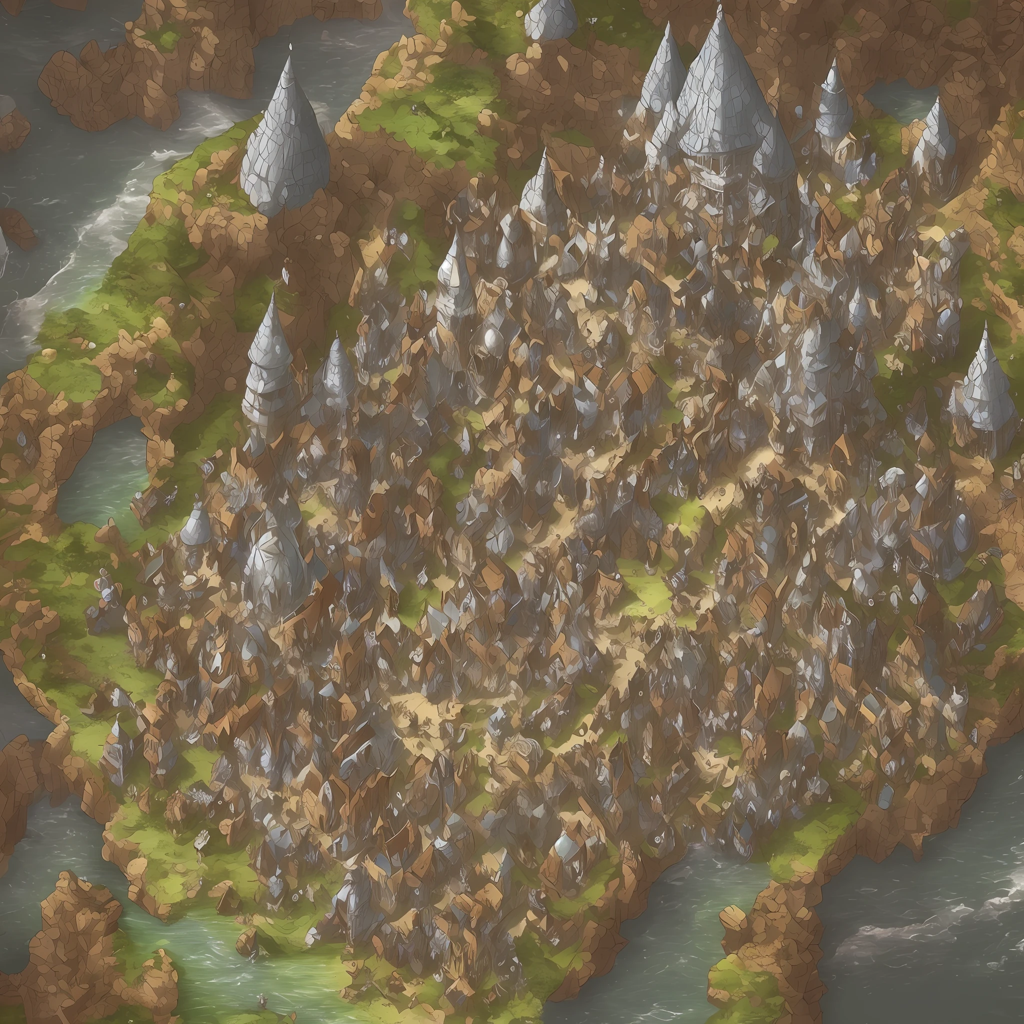 flat view from top to bottom, 3d fantasy world map, rpg map, some small houses, a castle, barracks, warehouses, 3d, masterpiece, super detail, best quality