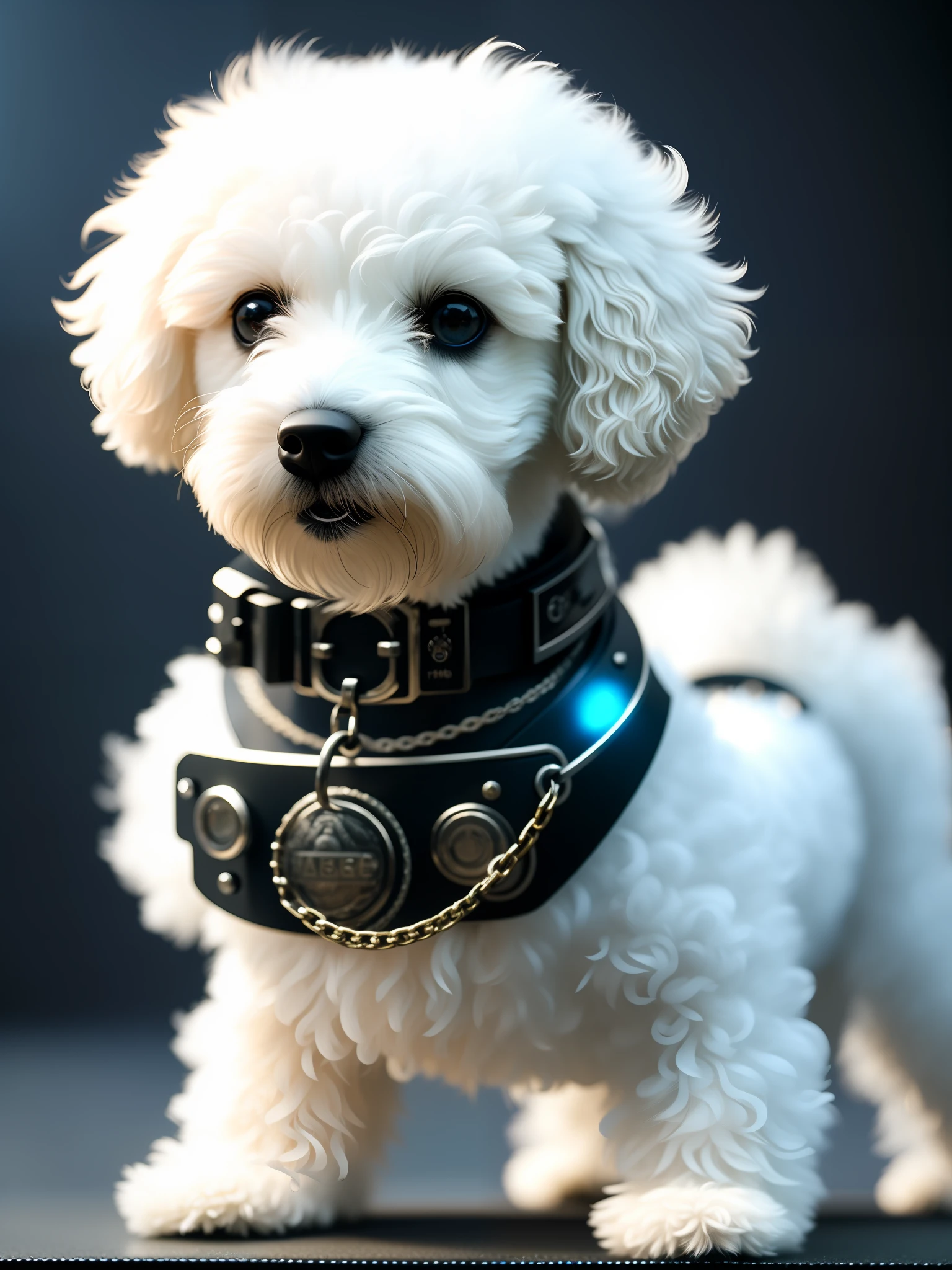 Masterpiece, poodle dog, white, furry, small breed, 4K, Metal image, Cute 1 puppy, (Cyborg:1.1), ([Tail | Chain]:1.3), (Complex Details), HDR, (Hyperdetail, Complex Details:1.2), Focus on Detail, Cinematic Shot, Vignette, Center, 1HEAD Only.