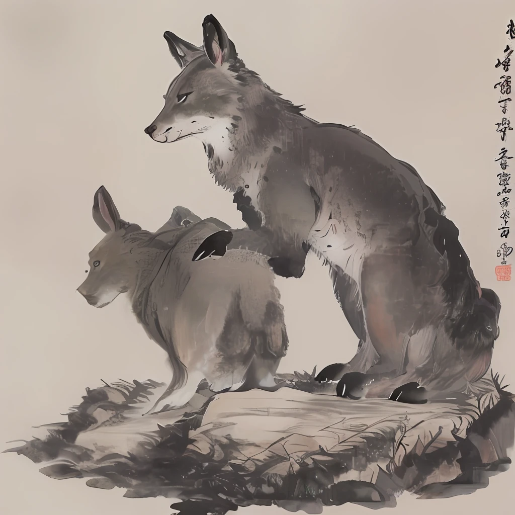 Chinese ink of a wolf which is hiding by a rabbit, because is waiting the right time to attack