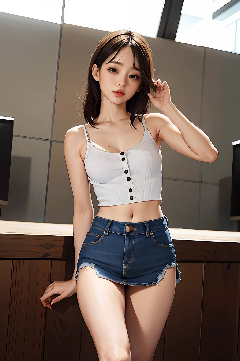 Front Button Denim Mini Skirt Erotic Small Breasts