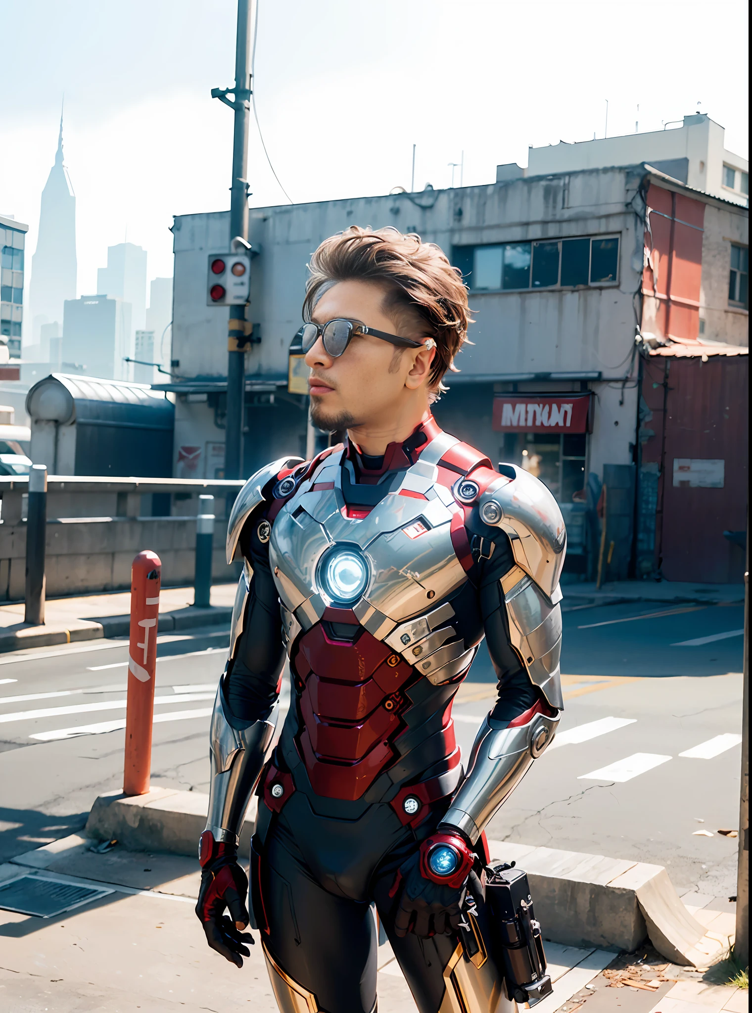 Boy, RAW, Masterpiece, Ultra Fine Photo,, Best Quality, Ultra High Resolution, Photorealistic, Sunlight, Full Body Portrait, Dynamic Poses, Delicate Face, Vibrant Eyes, (Side View) , he is wearing a futuristic Iron Man mech, red and gold color scheme, highly detailed abandoned warehouse background, detailed face, detailed and complex busy background, messy, gorgeous, milky white, high detailed skin, realistic skin details, visible pores , sharp focus, volumetric fog, 8k uhd, dslr camera, high quality, film grain, fair skin, photorealism, lomography, sprawling metropolis in futuristic dystopia, view from below, translucent