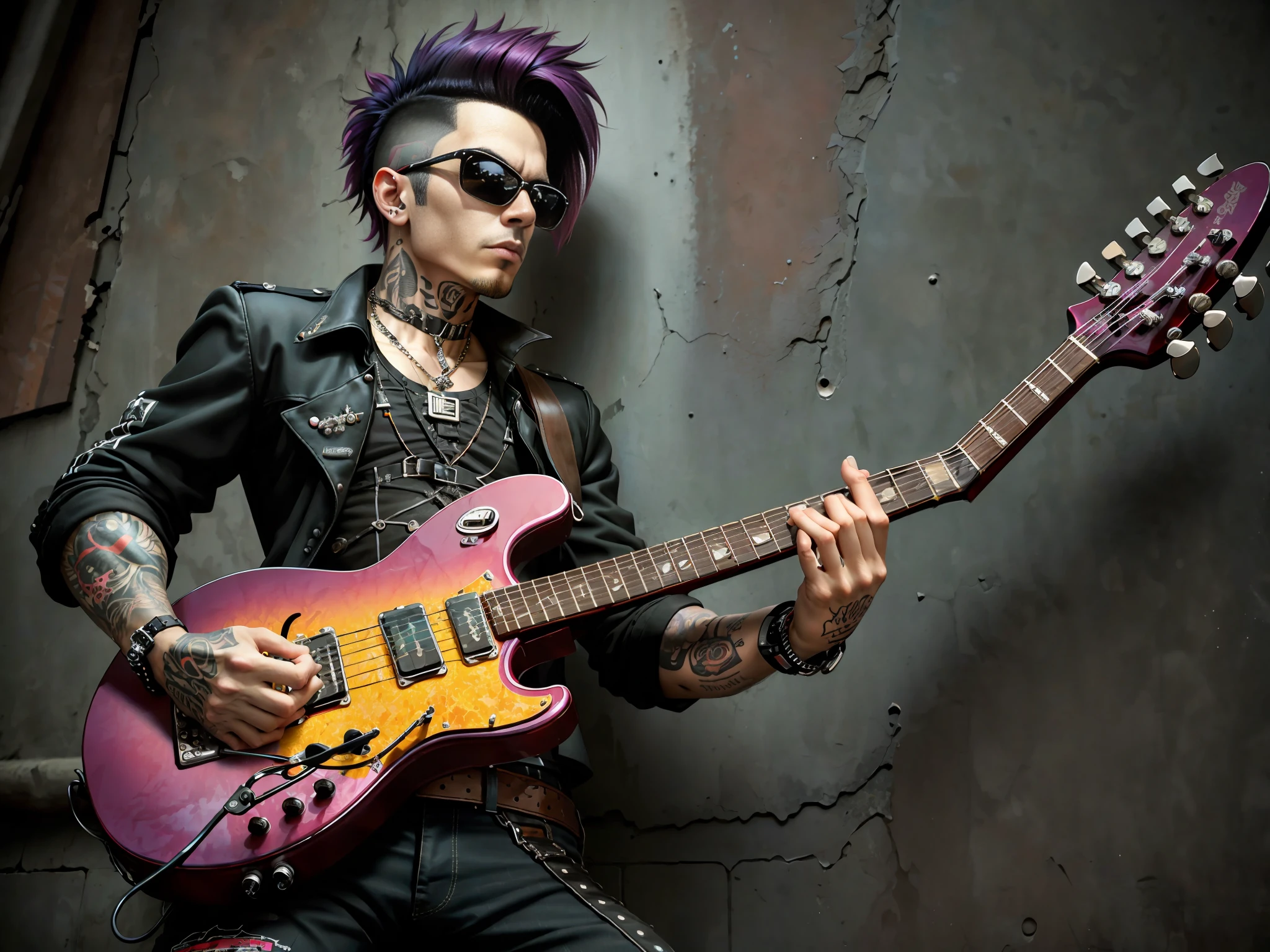 (Arafed man with guitar and sunglasses lying on the wall, red sunglasses and guitar holding an electric guitar, holding an electric guitar, holding an electric guitar, holding an electric guitar, playing an electric guitar, lead guitar, holding a guitar, solo guitar, swinging, electric guitar, promo shot, promo photo, guitar shot, guitarist, emo checkout with good quality, gothic reflection, punk of the 2000s, with size payment, pistol hairstyle, big emo hairstyle "masterpiece", "best  quality", "ultra-detailed"), ("gothic punk", "punk aesthetics", "gothic hairstyle of the 80s", "pink and black rainbow hair", "tattoo on one face"), ("emo look", "young and rebellious"), ("on 600x1024", "camera in the style of emo 80s"), ("devil's sticker",)