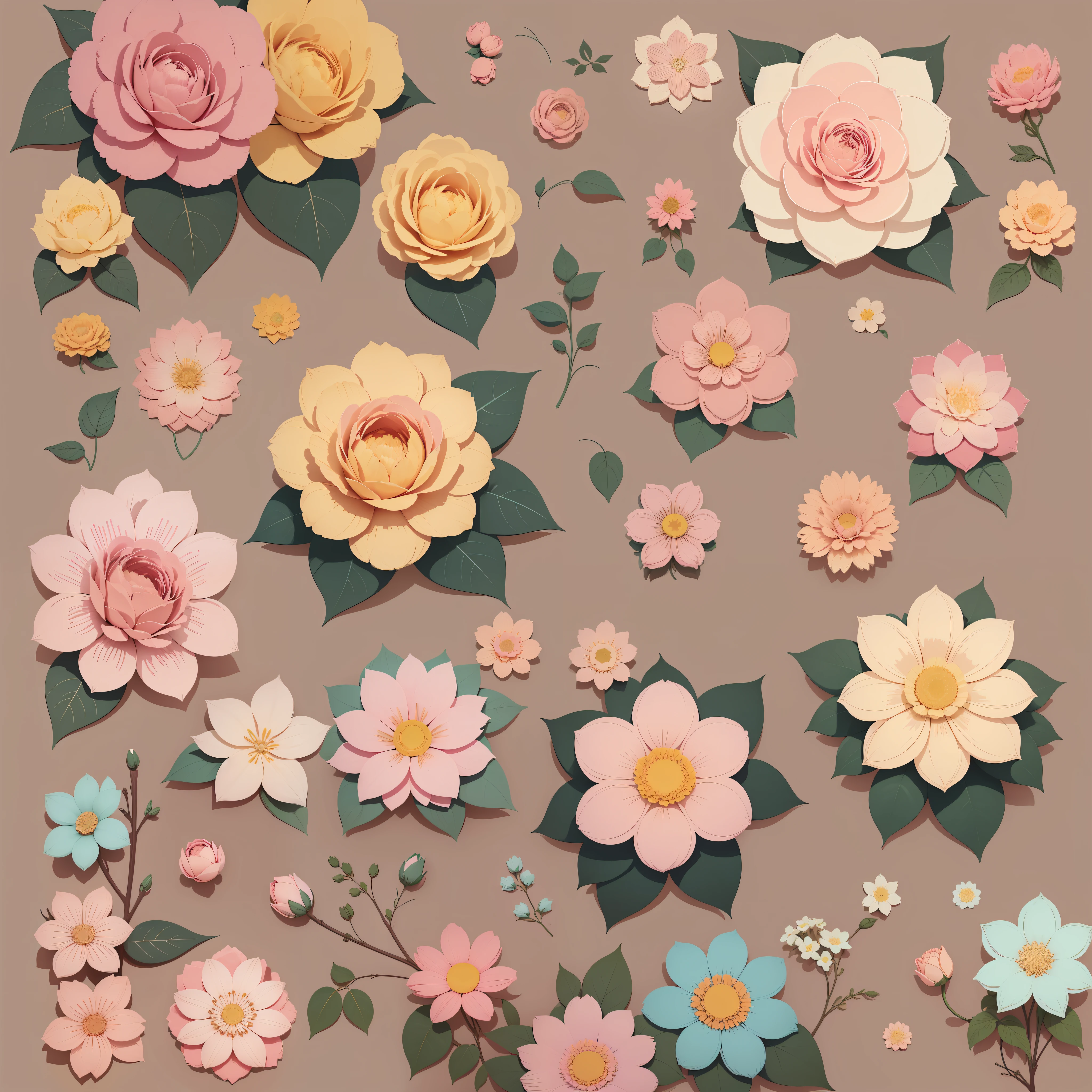 Set pattern of large flowers, defined shape, flat style, vector style, drawing style, naïve style, wallpaper style, in soft pastel colors such as old pink, pastel blue, light blue, beige, pastel yellow.