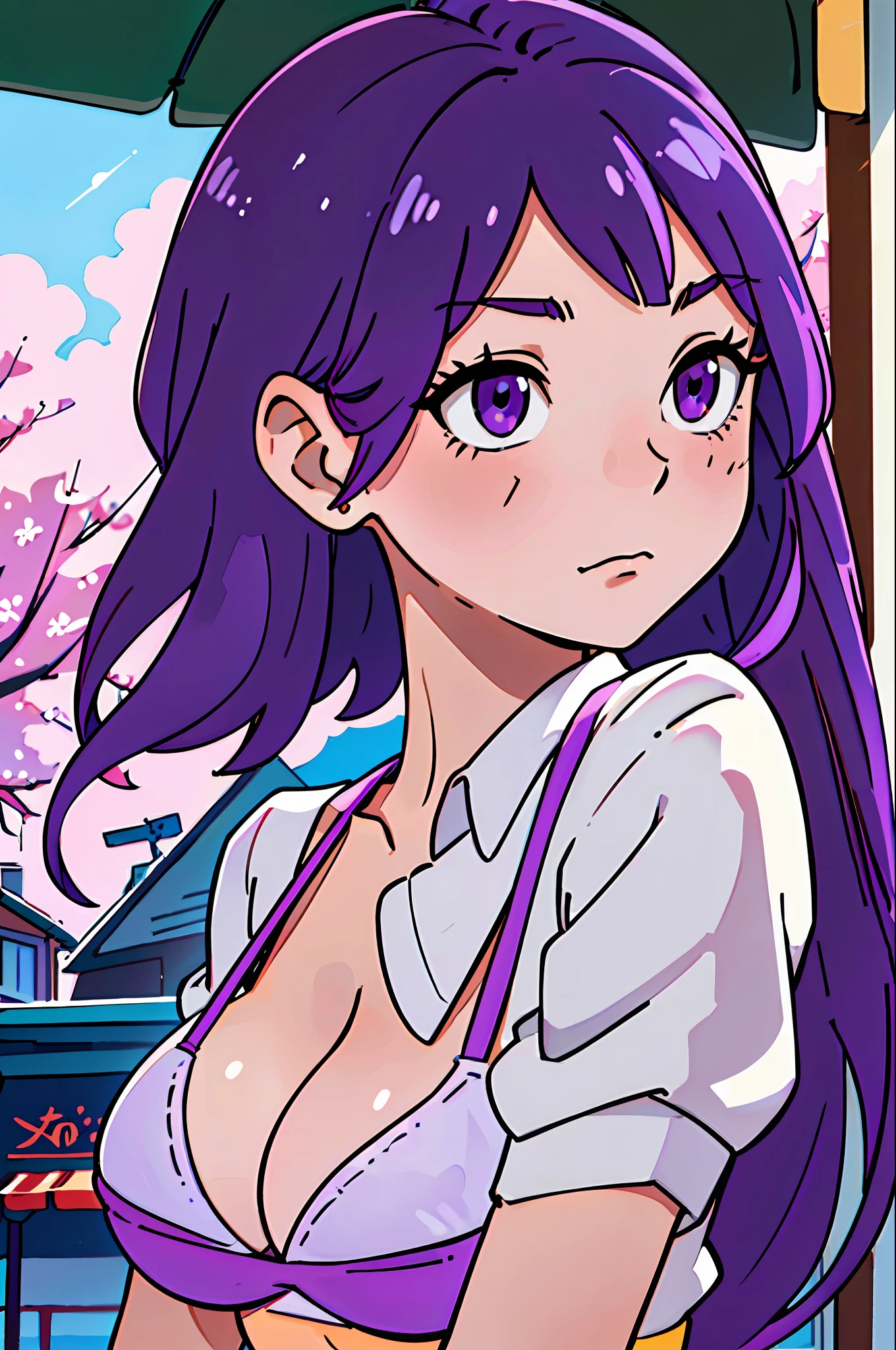 (best quality: 0.8), (best quality: 0.8), perfect anime illustration, close-up portrait of a beautiful woman walking around town very long purple hair huge breasts blush red eyes (((nsfw))) white bikini