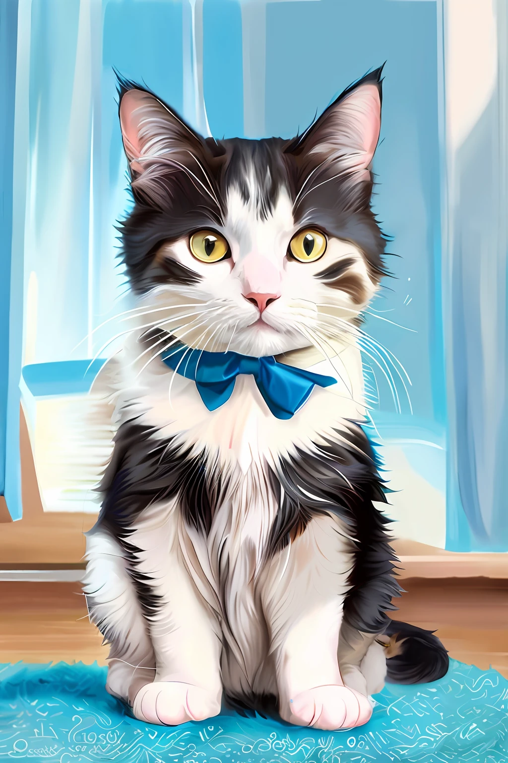 there is a cat with a blue bow tie sitting on a blue carpet, cat. digital painting, adorable digital painting, handsome stunning realistic, realistic anime cat, elegant cat, portrait of ultra realistic, ultra realistic illustration, sora as a cat, ultra realistic picture, cat portrait, a digital painting, in style of digital painting, realistic illustration, digital art of an elegant