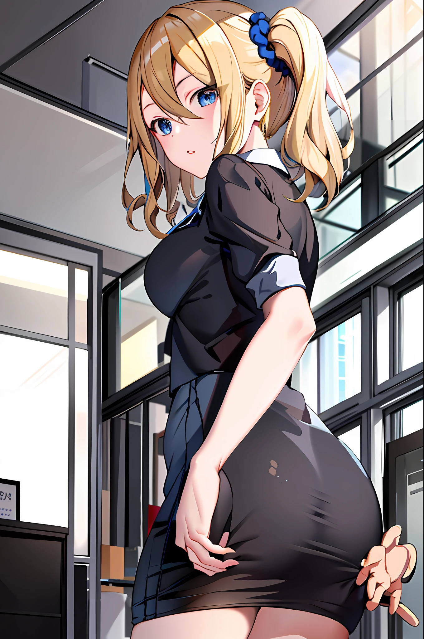 masterpiece, best quality, 1girl, solo, office lady, pencil skirt, looking at the viewer, from behind the torso, close-up, Hayasaka AI, Blue Scrunchie, Side Pallitail, Hair Between Eyes, Blue Eyes, Blonde hair, Ornament, Breasts