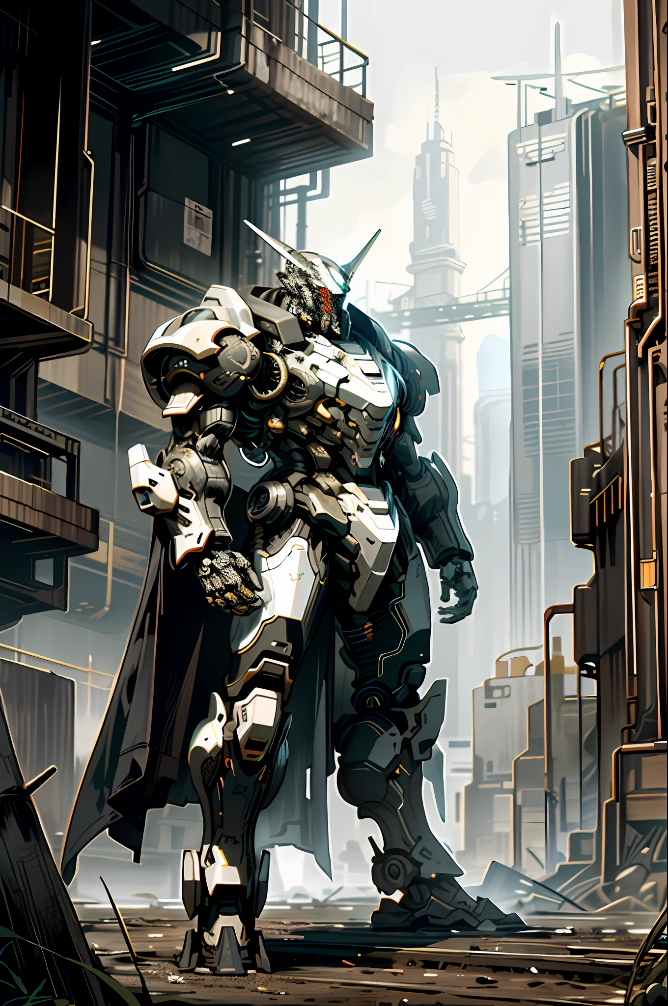 Dark_Fantasy, cyberpunk, (highest quality, masterpiece), mechanical wonders, state-of-the-art big robots, state-of-the-art big mechs, cities, highest quality digital art, stunning art, highly detailed, black and white, top quality digital art,