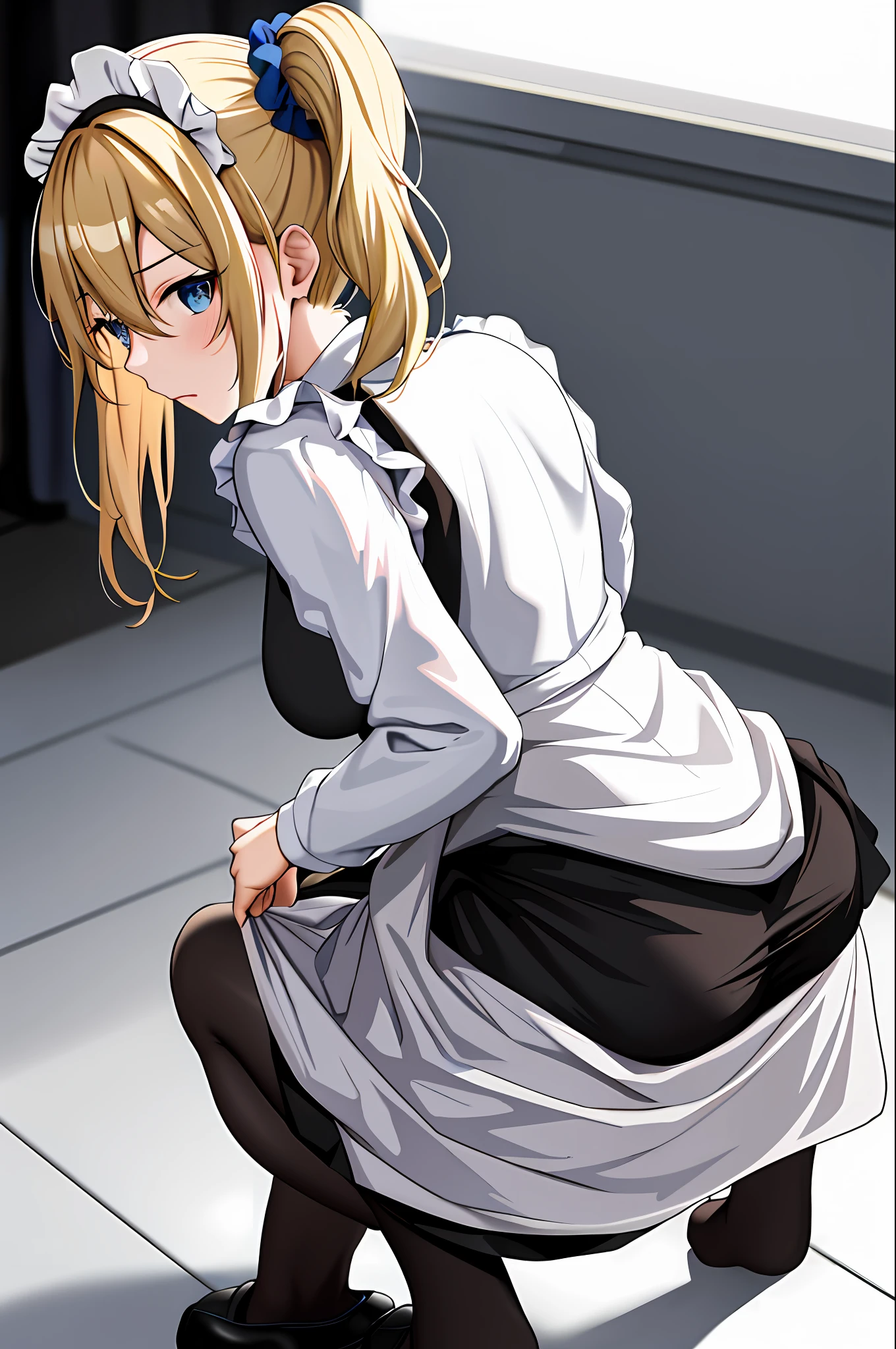 masterpeace, best quality, highres, 1girl, hayasaka ai, solo, blonde hair, maid, blue eyes, side ponytail, hair scrunchie, hair ornament, blue scrunchie, maid headdress, apron, hair between eyes, breasts, long sleeves, bangs, white shirt, black dress, sidelocks, maid apron, black pantyhose, squatting, ass, from behind, (skirt lift:1.3), panties under pantyhose,