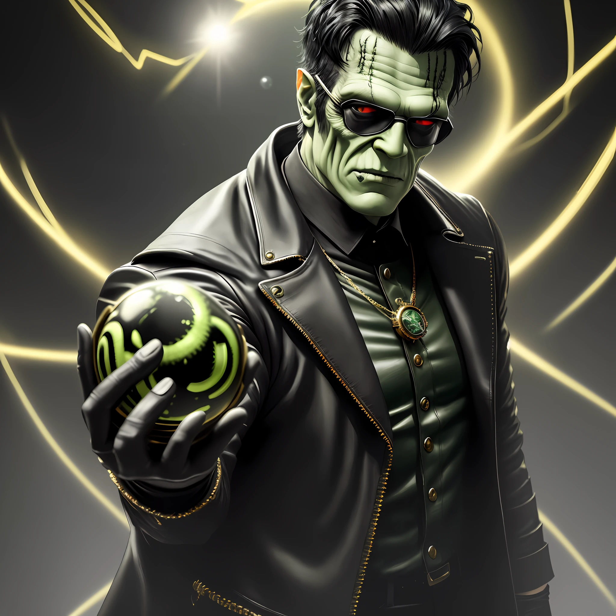 "((Highly detailed)), ((super realistic)), ((4k image)), ((color balance)), Monster Frankenstein, wearing black leather suit, green face, black hair, leather glove, black sunglasses, gold watch, standing, centered on the set, holding sphere with hands, neutral theme, (no duplications)."
