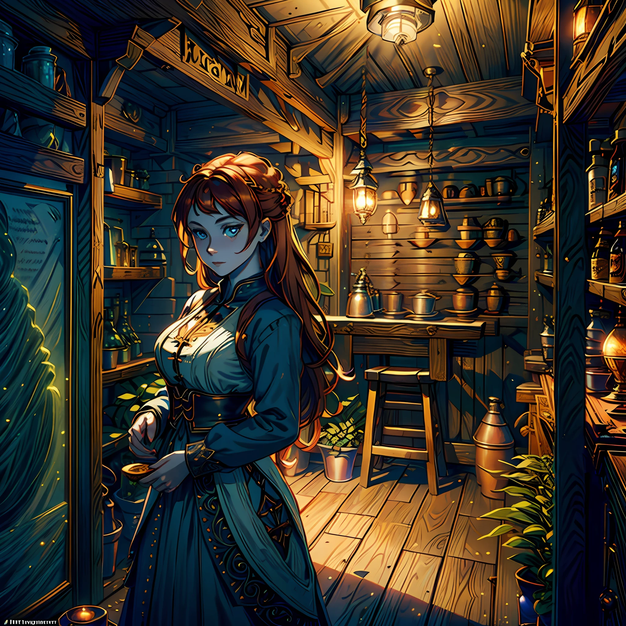 young ginger woman, medieval tale tavern, intricately detailed colorful interior, detailed intense sunrise lightning, best geometry, award wining masterpiece, ultra intricate shadows and lighting, best lighting, best shadows, intricate busy setting, trending on art station, global illumination, selfilluminated, bioluminescence, midjorney style, art by Albert Bierstadt