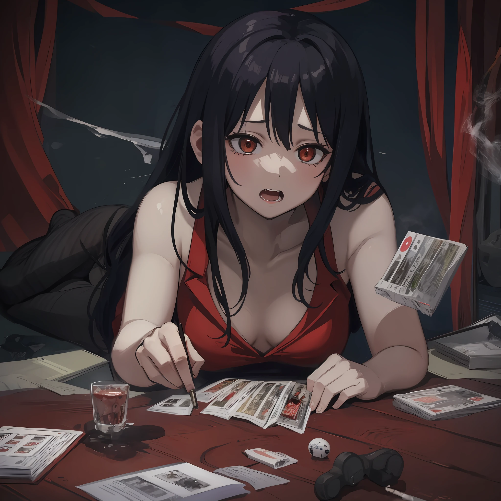 Crazy excitement, Yumeko Jabami, genius, poker, nude, crazy look, cunning look, black stockings, red cheeks, game table, cruelty, coldness, crazy excitement, payment, cigarettes, smoking