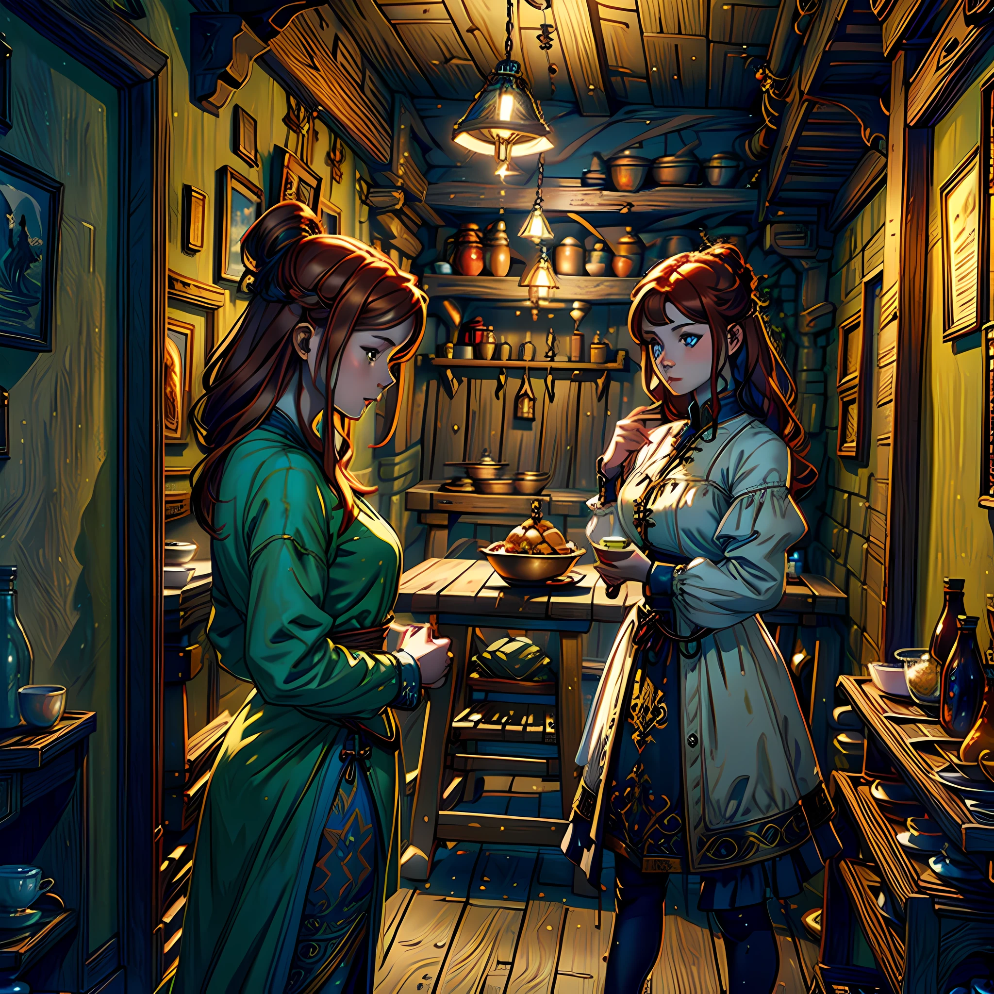 young ginger woman, medieval tale tavern, intricately detailed colorful interior, detailed intense sunrise lightning, best geometry, award wining masterpiece, ultra intricate shadows and lighting, best lighting, best shadows, intricate busy setting, trending on art station, global illumination, selfilluminated, bioluminescence, midjorney style, art by Albert Bierstadt