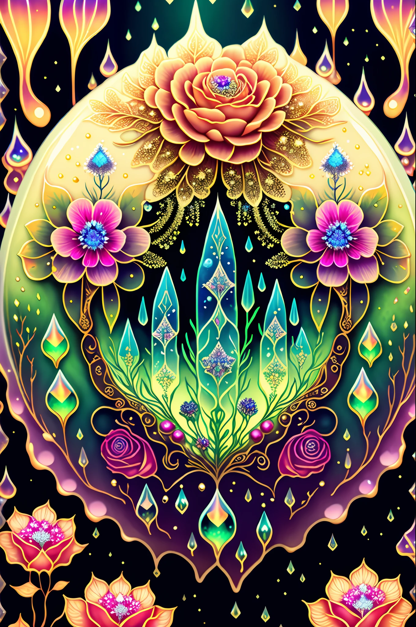 Rosen maiden, (masterpiece, best quality), (illustration),strange mycosis lush forest, transparent goo, caustics, crystals, close-up, intricate details, dark background, sparkling spores, rainbow crystals, dark