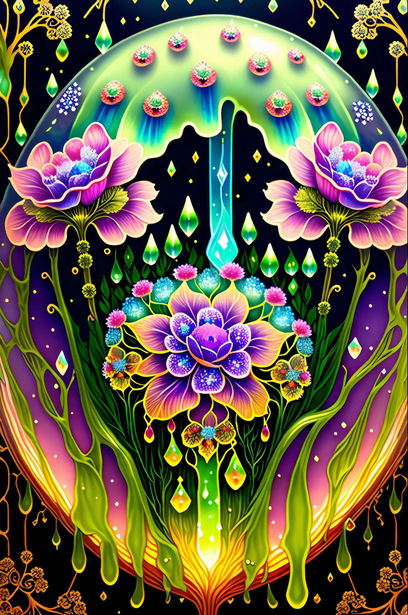 Rosen maiden, (masterpiece, best quality), (illustration),strange mycosis lush forest, transparent goo, caustics, crystals, close-up, intricate details, dark background, sparkling spores, rainbow crystals, dark