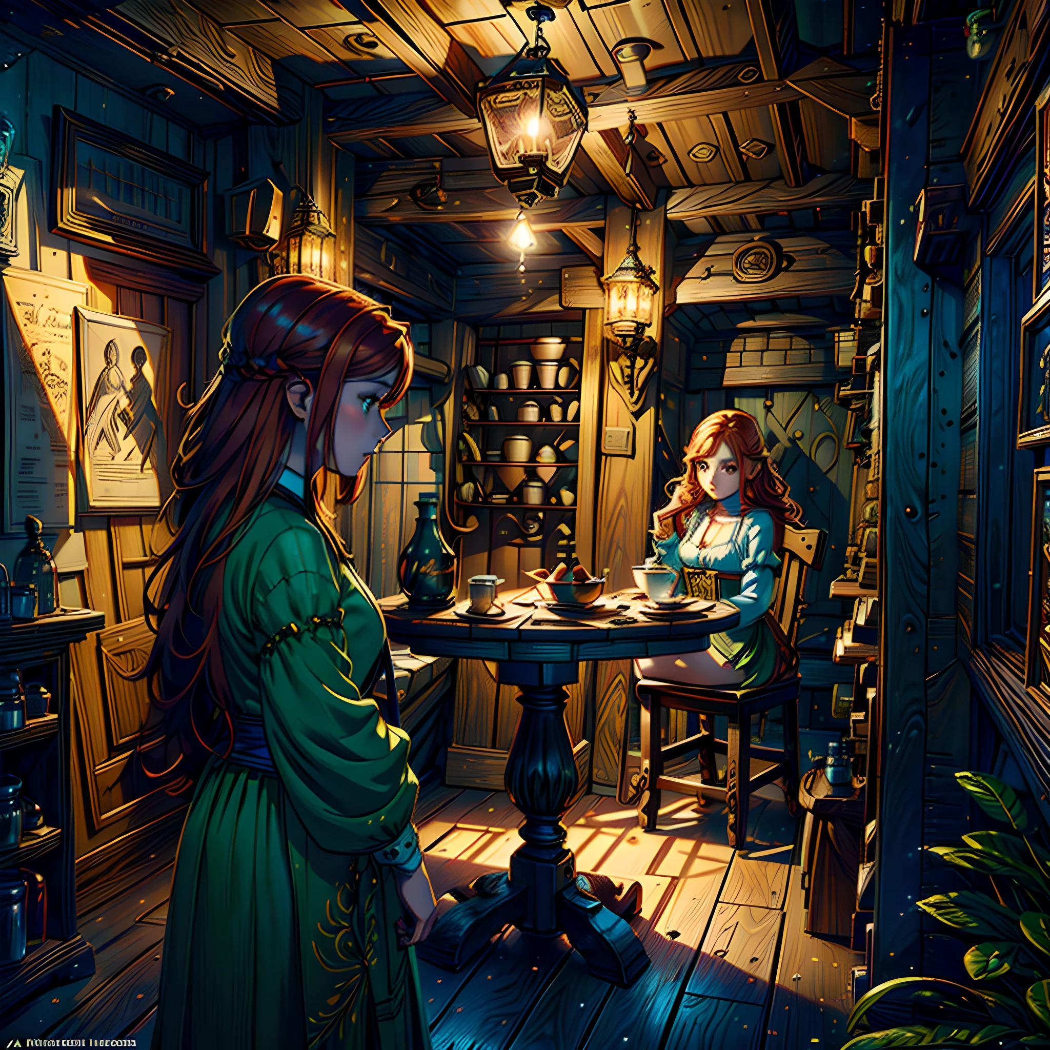 young ginger woman, medieval tale tavern, intricately detailed colorful interior, detailed intense sunrise lightning, best geometry, award wining masterpiece, ultra intricate shadows and lighting, best lighting, best shadows, intricate busy setting, trending on art station, global illumination, selfilluminated, bioluminescence, midjorney style, art by Albert Bierstadt