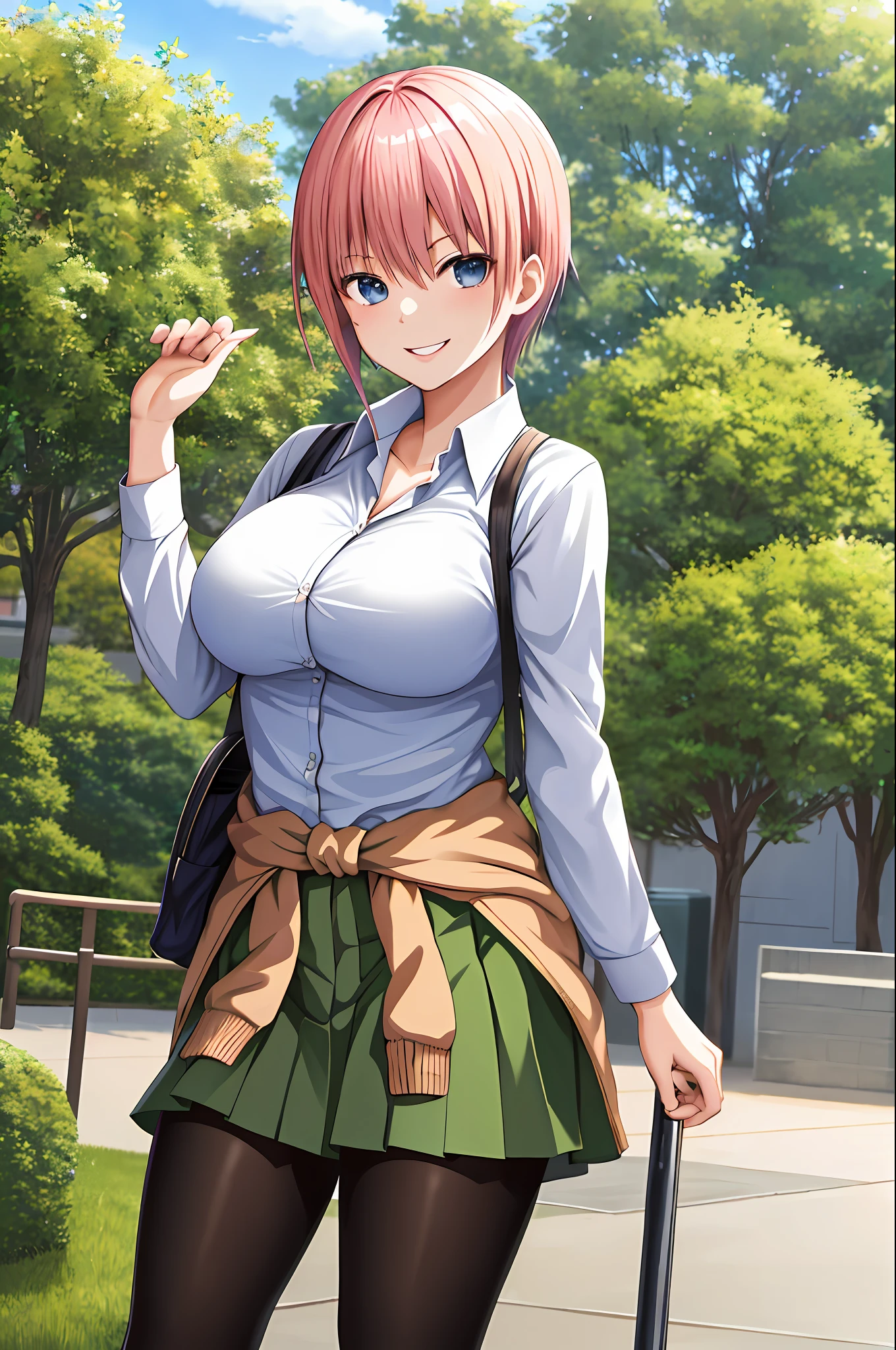 2D, masterpiece, best quality, anime, very detailed, 1girl, solo, cowboy photo, nakano ichika, pink hair, short hair, cardigan around waist, collared shirt, green skirt, miniskirt, huge breasts, standing, school, outdoor, smile, tights
