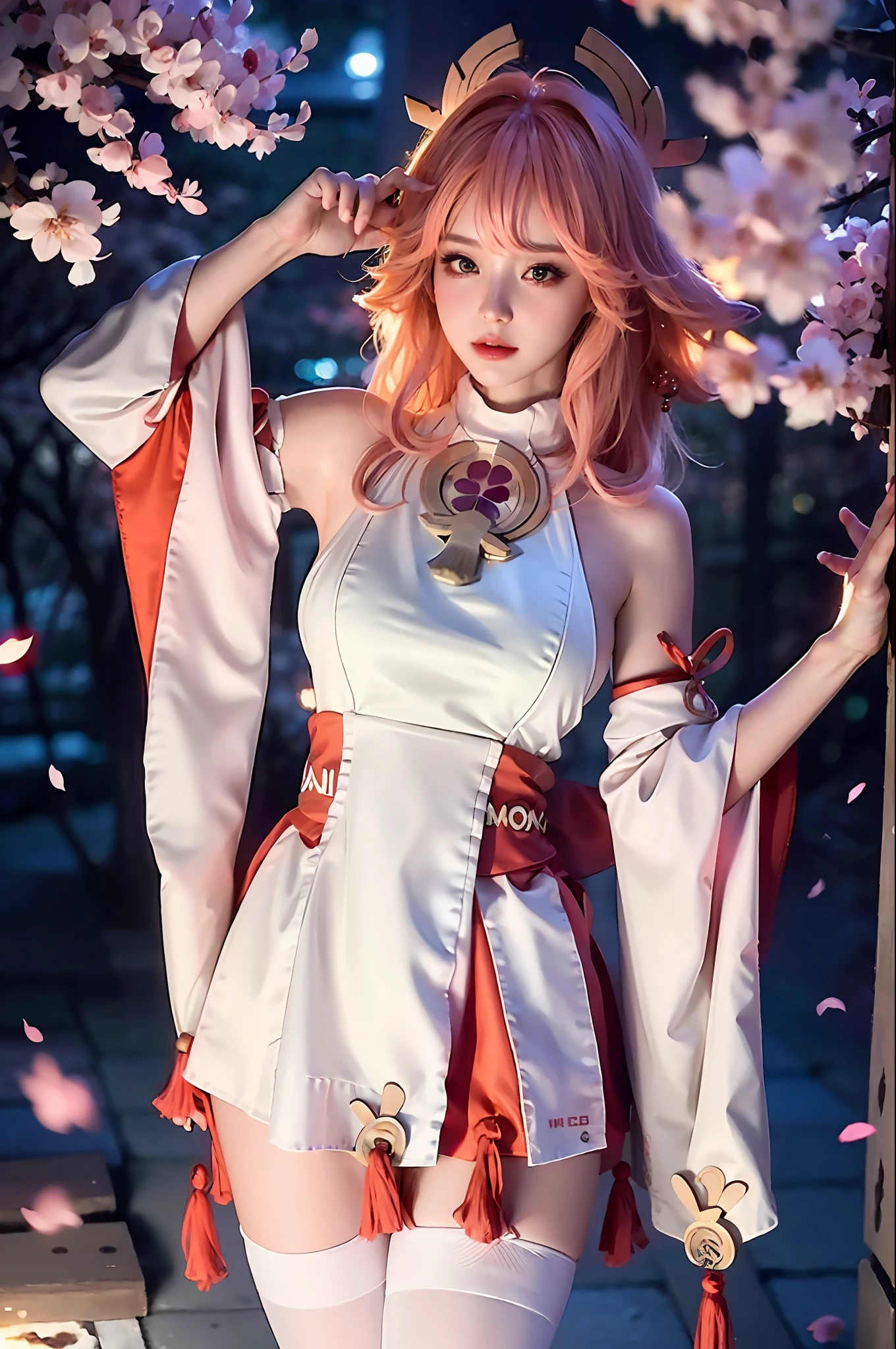 1 girl, super high resolution, (realistic, photorealistic: 1.48), omertosa, 1girl, (Kpop idol), (aegyo sal: 1), cute, bokeh, night, professional lighting, detail lighting, photon mapping, radiosity, physically based rendering, white pantyhose, backlighting, depth of field, hard focus, film grain, one meter shooting distance, professional shot, shot with Sony a9 II mirrorless camera, detailed eyes, detailed Eyes, realistic eyes, detailed shadows, look on viewer, dog ears, detailed lighting, (detailed hair, realistic hair, realistic lighting, realistic shadows, realistic clothing), realistic skin, ( Gun on the waist: 1), realistic light reflection from above, ((arm behind) ), (back of hand), tube top, sexy, night, stockings, nude, big breasts, big breasts, cherry blossoms, white dress, white dress , full body, Japanese shrine, pink filter