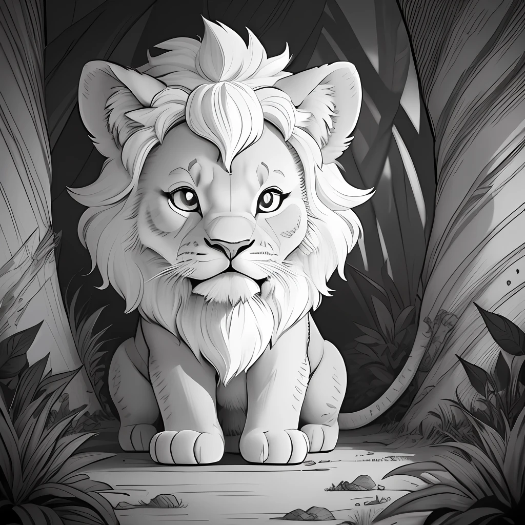 coloring page for kids ,  lion in a jungle ,cartoon style, thick lines , low detail , --no shading, --no color , minimalistic, --s2