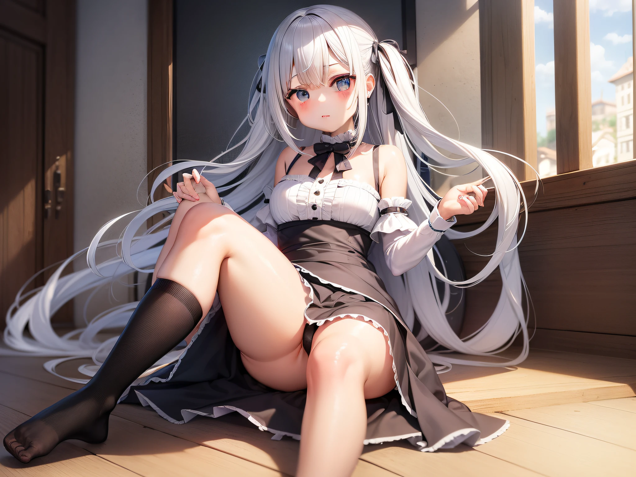 a girl, sitting, li, spread legs, silver hair, panties to motra