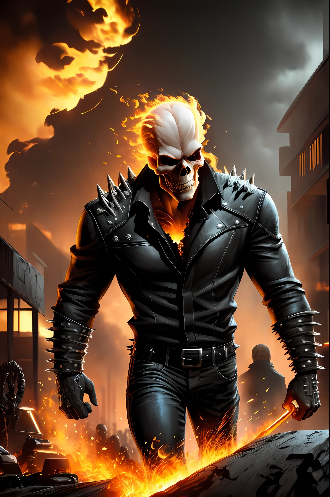 high quality, cinematic ray , realistic digital art illustration movie poster portrait ghostrider, epic lighting, cinematic lighting, high res, (detailed image:1), insane details, soft, hyper realistic, (highly detailed:1.2), masterpiece, 8k uhd, digital art style , trending on artstation