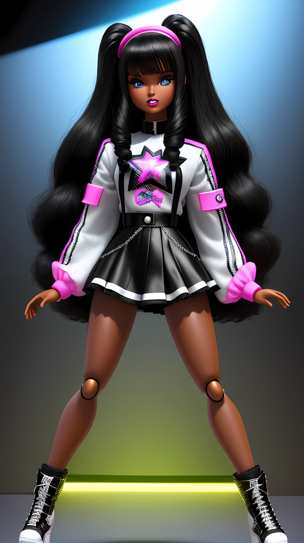 Character Doll friend of Barbie (Christie) black skin and black hair (hyper and mega realistic) full body, wearing rocker clothes (super stars) 80s (pure nostalgia) in the background colored lights,