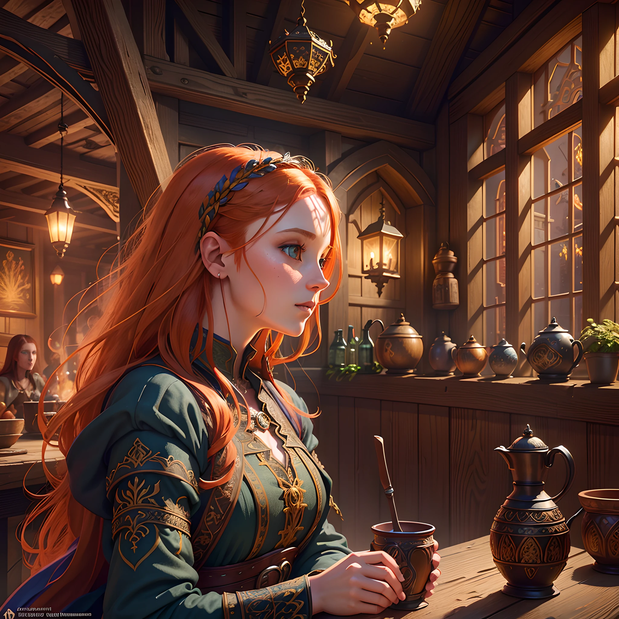 young ginger woman, medieval tale tavern, intricately detailed colorful interior, detailed intense sunrise lightning, best geometry, award wining masterpiece, ultra intricate shadows and lighting, best lighting, best shadows, intricate busy setting, trending on art station, global illumination, selfilluminated, bioluminescence, midjorney style, art by Albert Bierstadt