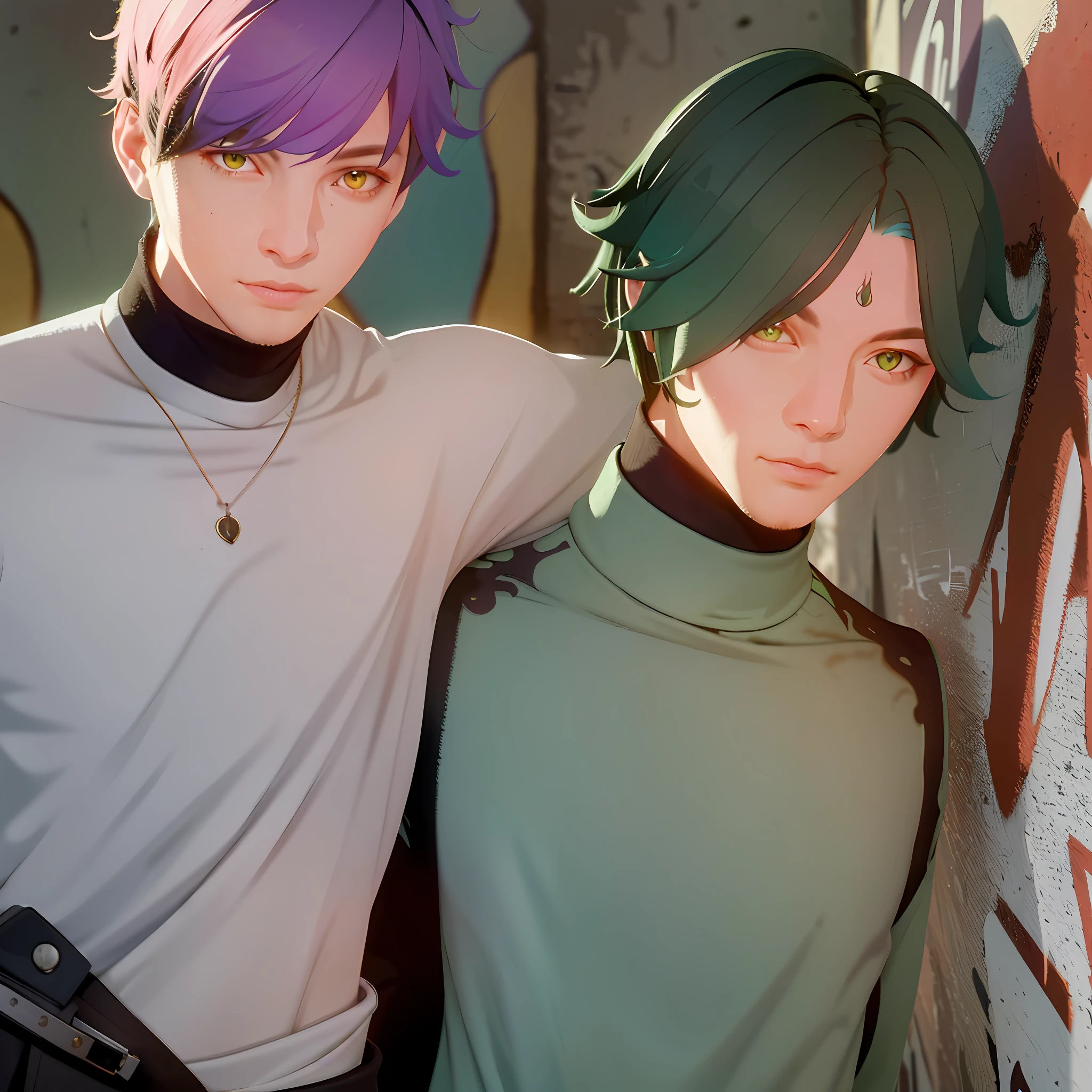 (masterpiece, best quality, 1 guy, solo, intricate details, chromatic aberration), realistic, ((medium breath)), short hair, green hair, pink highlights, yellow eyes, stern eyes, black shirt, torn pants, unbuttoned jacket, turtleneck, night, against the wall, brick wall, graffiti, dim lighting, alley, look at the viewer