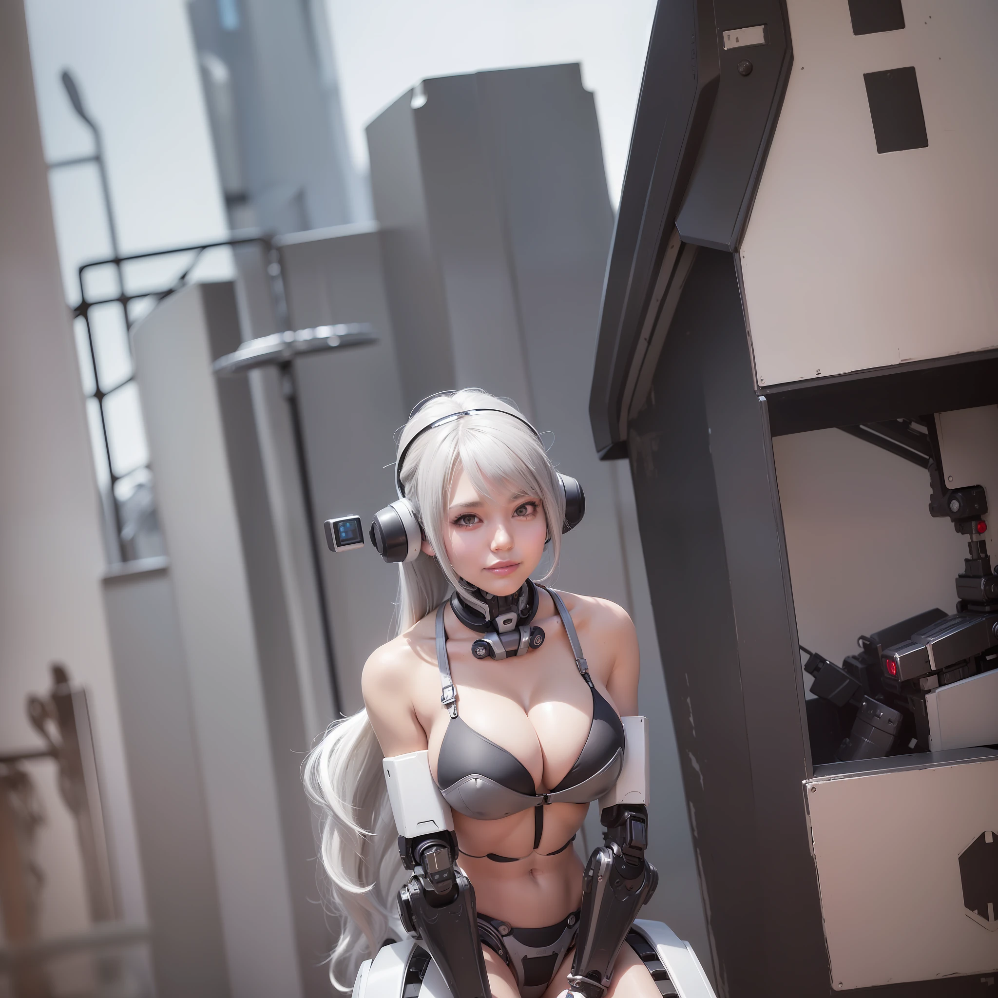 Beautiful Face,, From Back, 1 Woman, Curvaceous, Top Quality, Masterpiece, Ultra Detailed, ((((Bikini Cyborg Robot Parts)))), (Light Grey Hair), Long Hair, Wavy Hair, Twin Tails, Medium Shot, (((Seductive Smile)), (Black Eyes), Princess Cut, (Cowboy Shot),Squatting,Spread Your Legs,