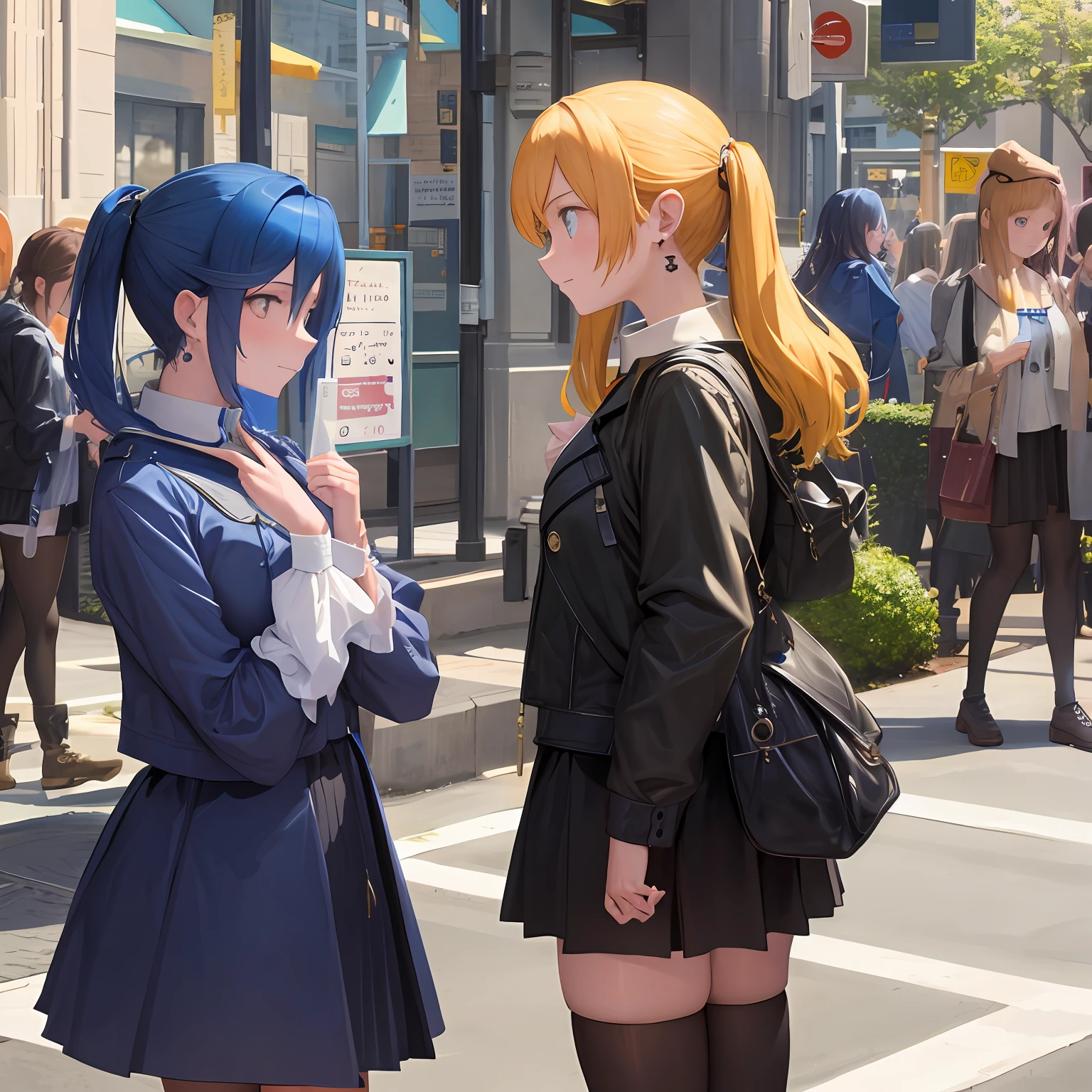 (masterpiece),(dynamic lighting),(subsurface scattering),((2girls,mirroring girls, )),shouting expression,on the sidewalk of a busy street,wearing fancy earrings and jewelry,
