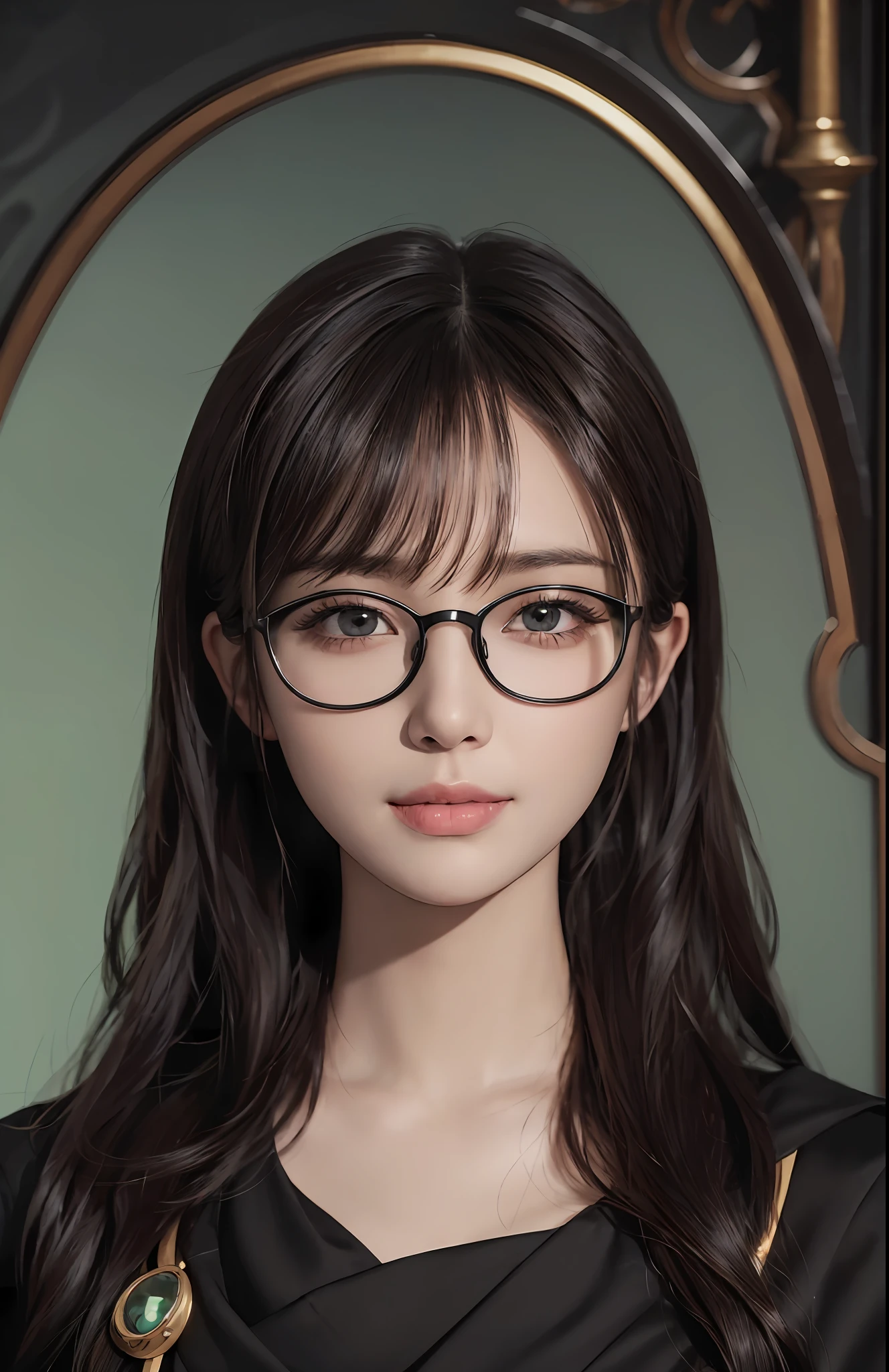 (Ultra Realistic), (Illustration), (Increased Resolution), (8K), (Extremely Detailed), (Best Illustration), (Beautiful and Detailed Eyes), (Best Quality), (Ultra Detailed), (Masterpiece ), ( wallpaper), (detailed face), solo, 1 girl with glasses, looking at viewer, fine details, detailed face, in the dark, deep shadows, low key, pureerosfaceace_v1, smiling, long hair, black shawl straight hair , 46 points oblique bangs