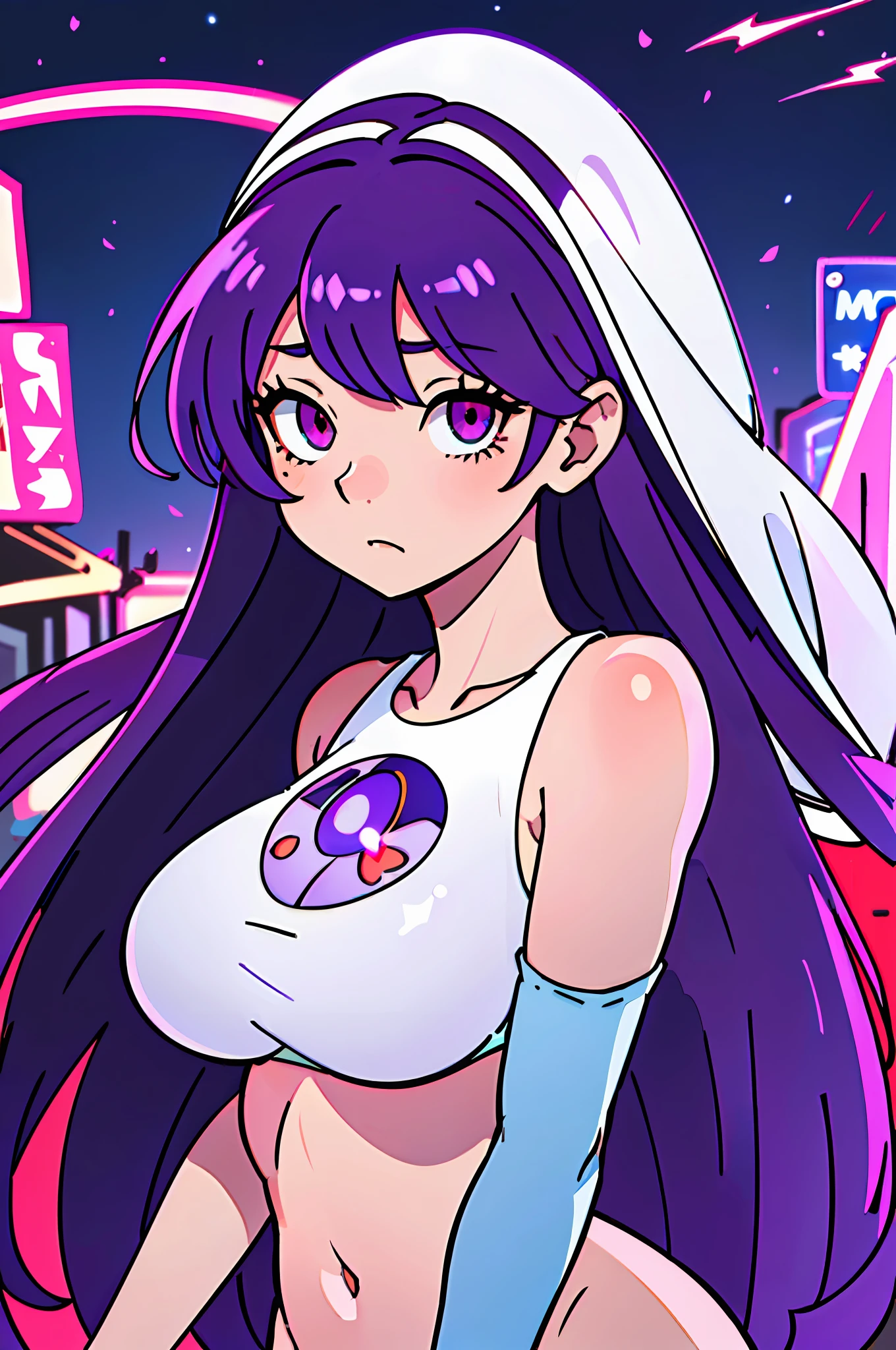 (best quality: 0.8), (best quality: 0.8), perfect anime illustration, close-up portrait of a beautiful woman walking around town very long purple hair huge breasts blush red eyes (((nsfw))) white bikini city neon night super detailed super detailed face bright eyes galaxy in eyes absurd 4k Full HD top on pixiv super well done red eyes huge download file