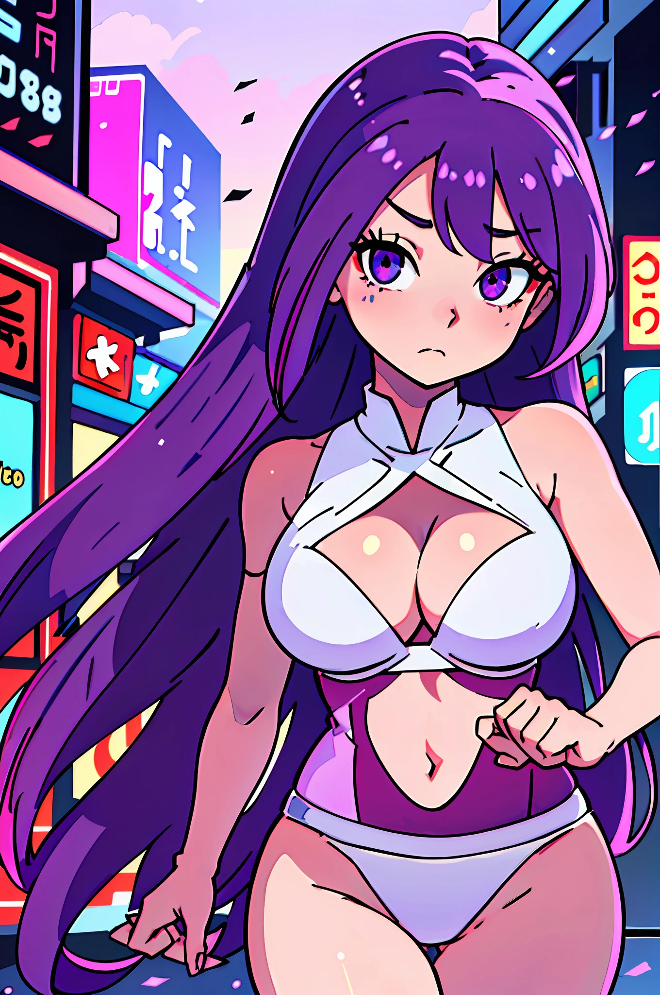 (best quality: 0.8), (best quality: 0.8), perfect anime illustration, close-up portrait of a beautiful woman walking around town very long purple hair huge breasts blush red eyes (((nsfw))) white bikini city neon night super detailed super detailed face bright eyes galaxy in eyes absurd 4k Full HD top on pixiv super well done red eyes huge download file