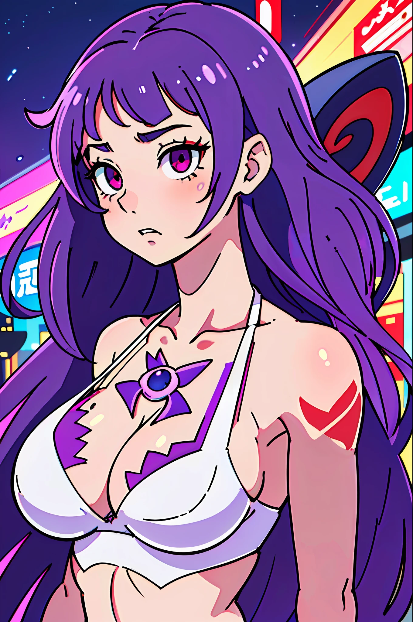 (best quality: 0.8), (best quality: 0.8), perfect anime illustration, close-up portrait of a beautiful woman walking around town very long purple hair huge breasts blush red eyes (((nsfw))) white bikini city neon night super detailed super detailed face bright eyes galaxy in eyes absurd 4k Full HD top on pixiv super well done red eyes huge download file