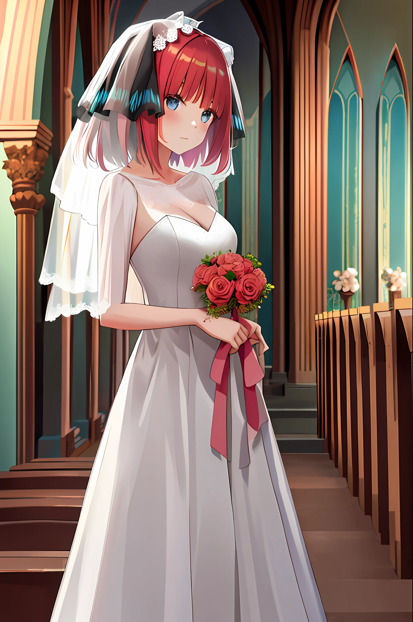 masterpiece, best quality, highres, nn1, 1girl, hair ribbon, short hair, wedding dress, wedding_veil, bouquet, church, cowboy shot,