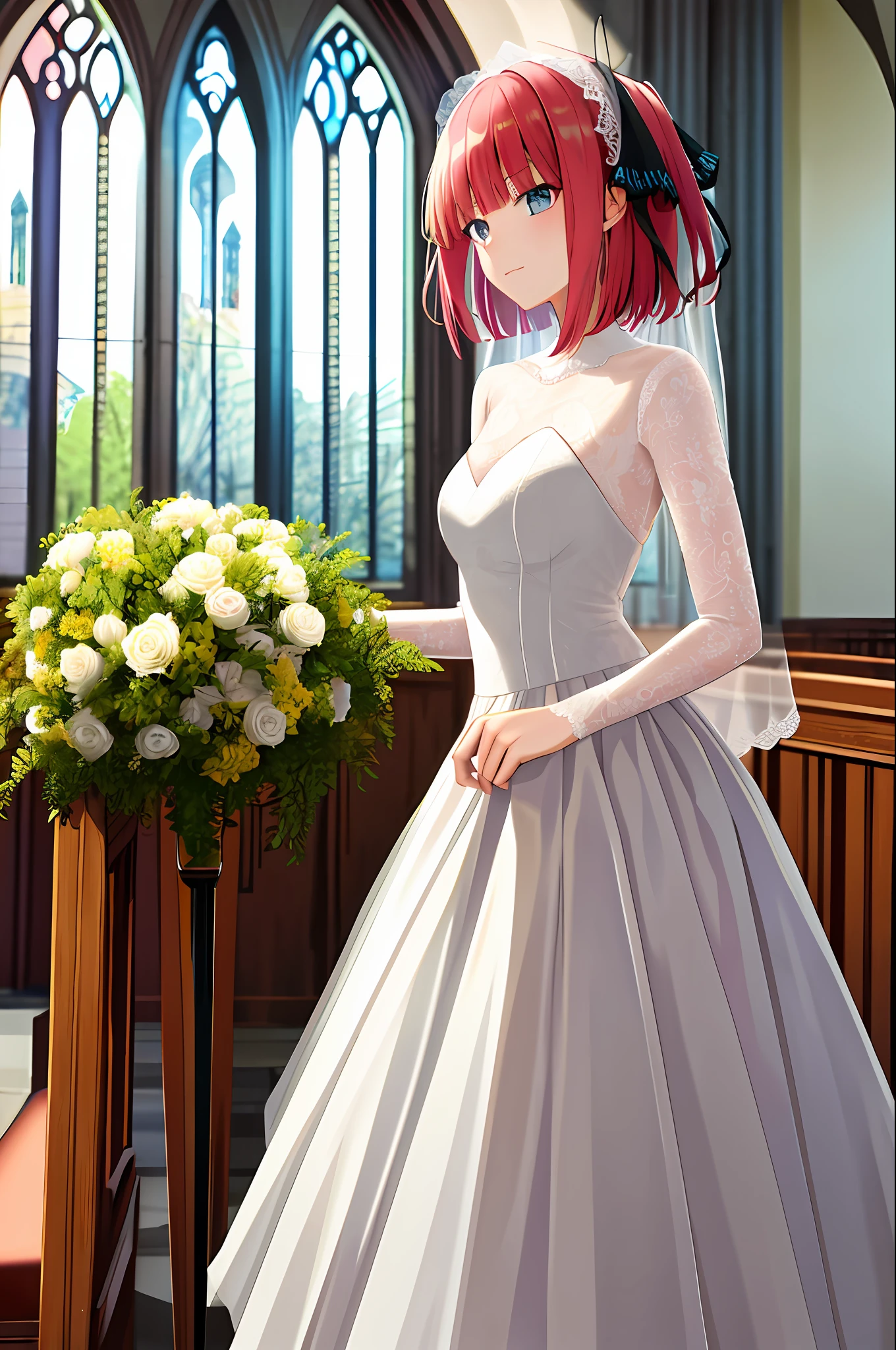 masterpiece, best quality, highres, nn1, 1girl, hair ribbon, short hair, wedding dress, wedding_veil, bouquet, church, cowboy shot,