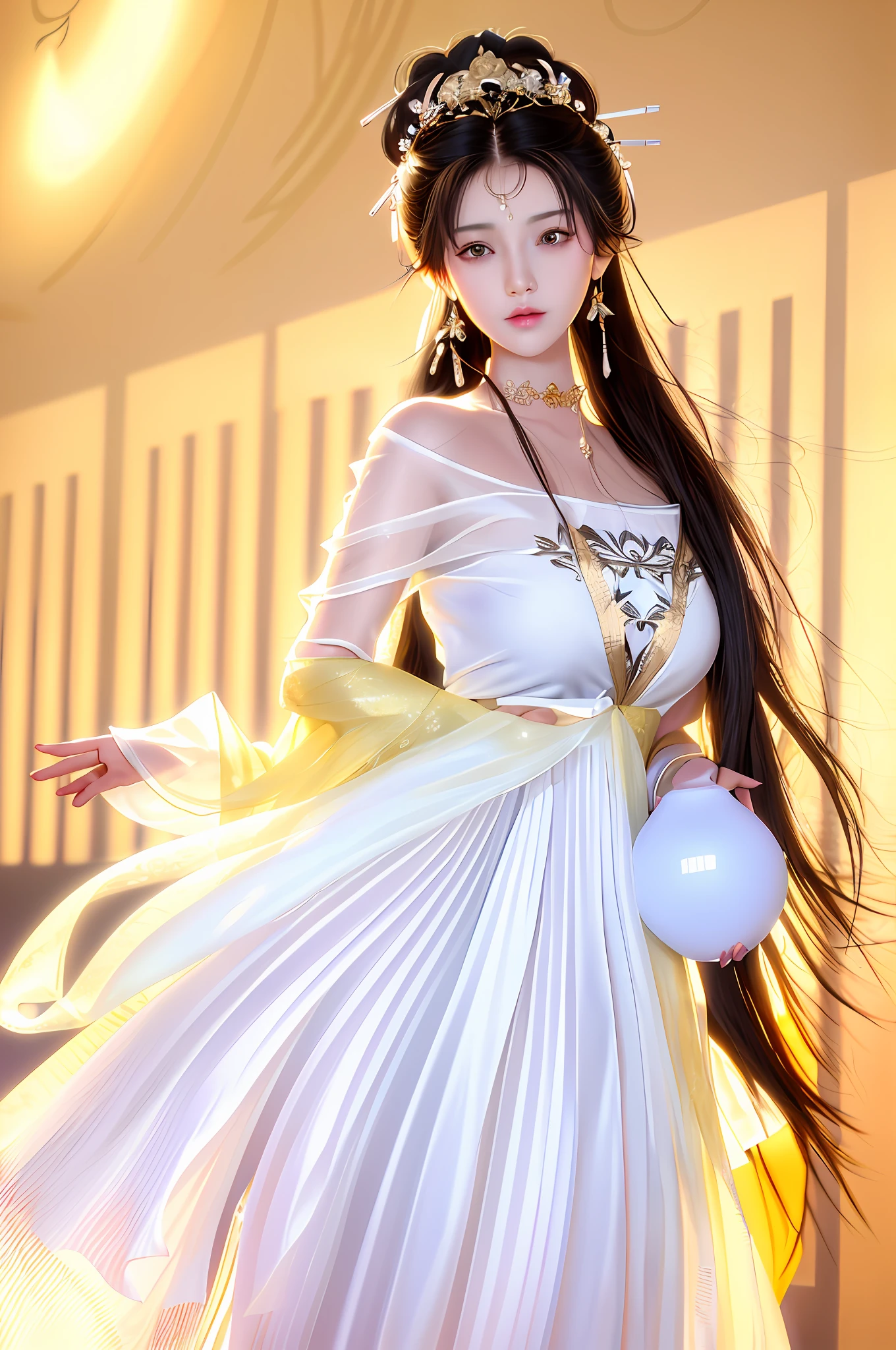 (Masterpiece: 1.0), (Best Quality: 1.4), (Ultra High Resolution: 1.2), (Fine Illustration: 1.4), (8k, RAW Photo: 1.2), (Soft Focus: 1.4), (Sharp Focus: 1.4), (Korea: 1.0), (China: 1.0), (Liu Yifei: 1.3), Ultra-realistic 8k Game CG, Masterpiece, Sunlight, High Quality, Pale Skin, Outrageously Long Brunet, Blue Eyes, Fantasy, Looking at the Audience, Portrait, Film Lighting, Film Bloom, Soft Light , Upper body, Lips, (Masterpiece: 1.4), (Best quality: 1.4), (Shiny skin), Huge breasts, Juice, Puffiness, Large areola, Huge, Round eyes and long hair, symmetrical face, perfect skin, volumetric lighting, stunning environment, highly detailed, ultra-realistic, thick lips, beautiful lips, symmetrical, (yellow skin tone), warm tones, black hair, complex hair accessories, earrings, bracelets, (choker: 1, 3), accessories, hair accessories, big breasts, (flower background ), external shooting,