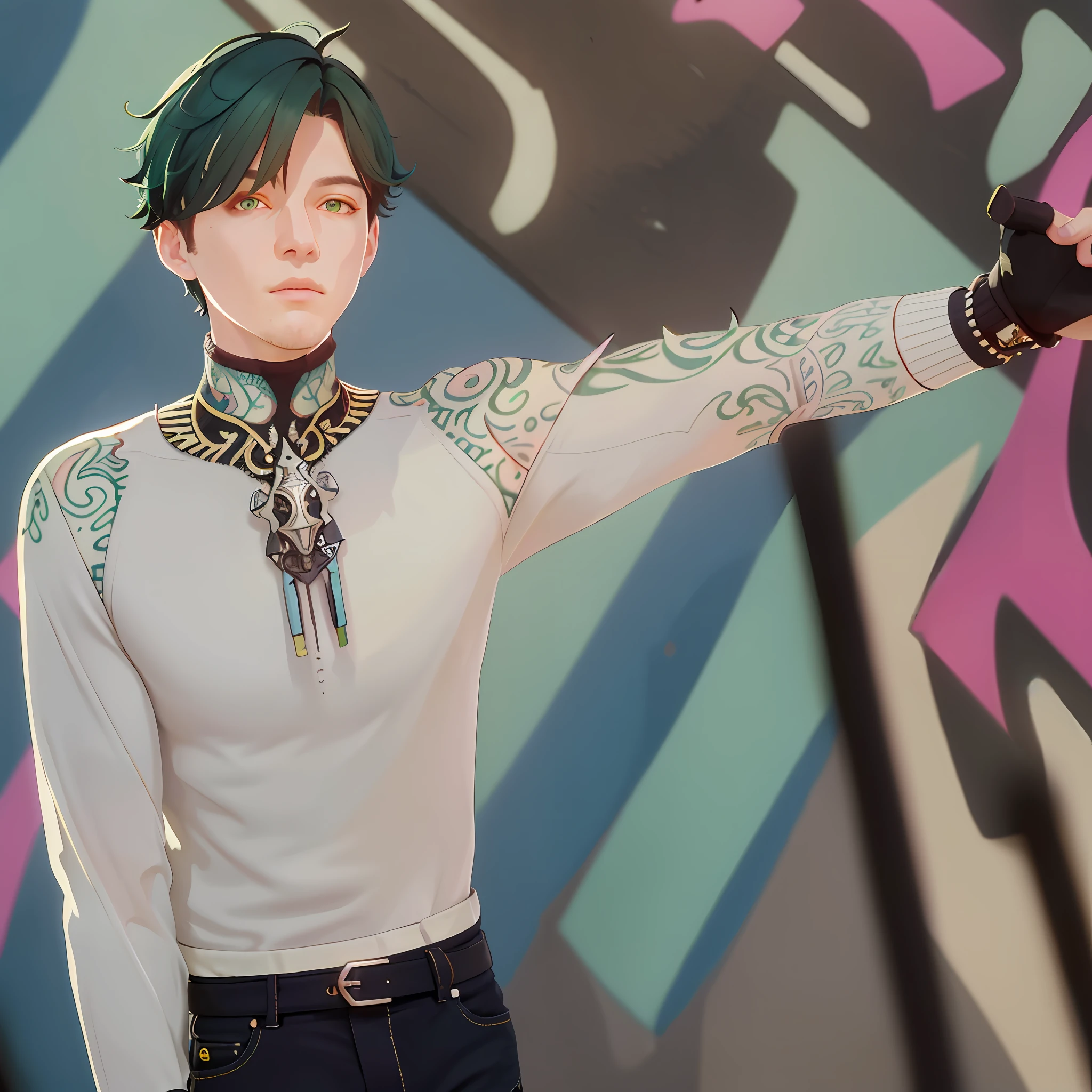 (masterpiece, best quality, 1 guy, solo, intricate details, chromatic aberration), realistic, ((medium breath)), short hair, green hair, pink highlights, yellow eyes, stern eyes, black shirt, torn pants, unbuttoned jacket, turtleneck, night, against the wall, brick wall, graffiti, dim lighting, alley, look at the viewer