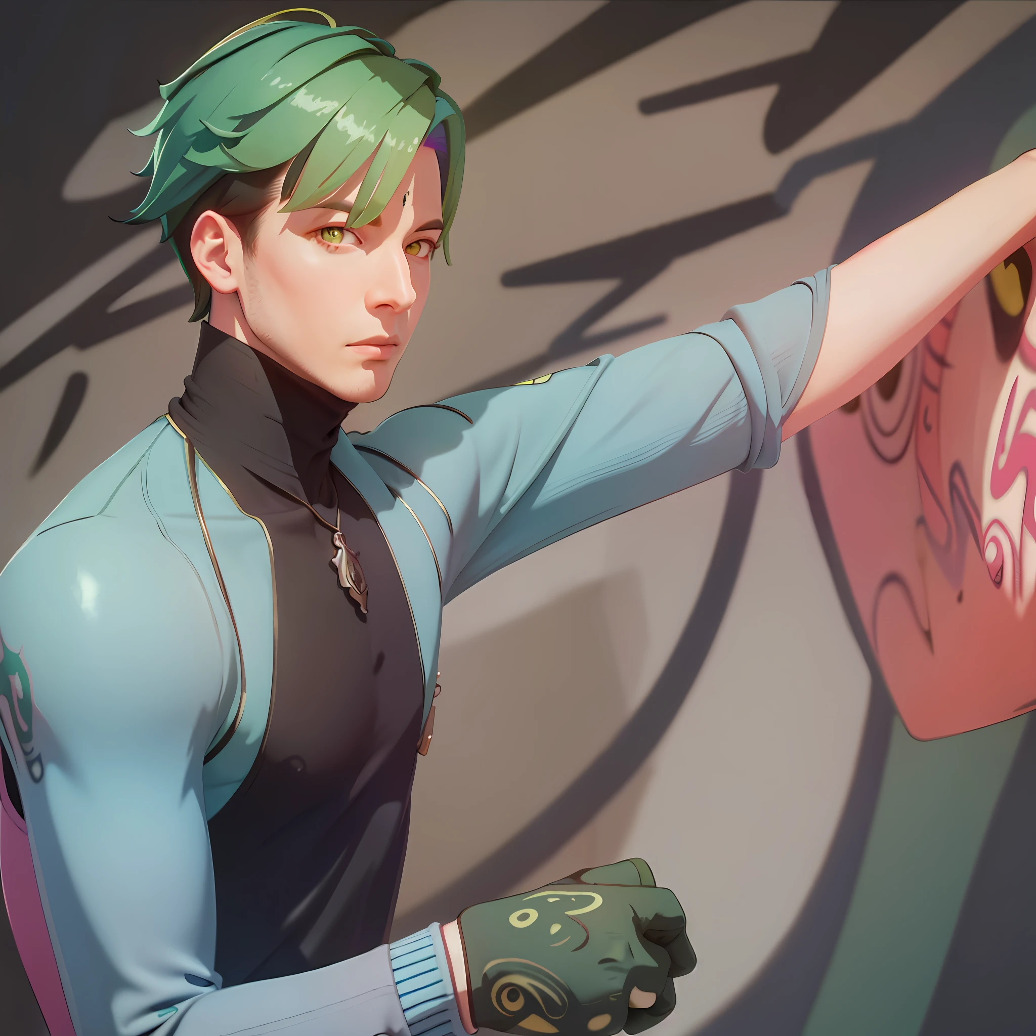 (masterpiece, best quality, 1 guy, solo, intricate details, chromatic aberration), realistic, ((medium breath)), short hair, green hair, pink highlights, yellow eyes, stern eyes, black shirt, torn pants, unbuttoned jacket, turtleneck, night, against the wall, brick wall, graffiti, dim lighting, alley, look at the viewer