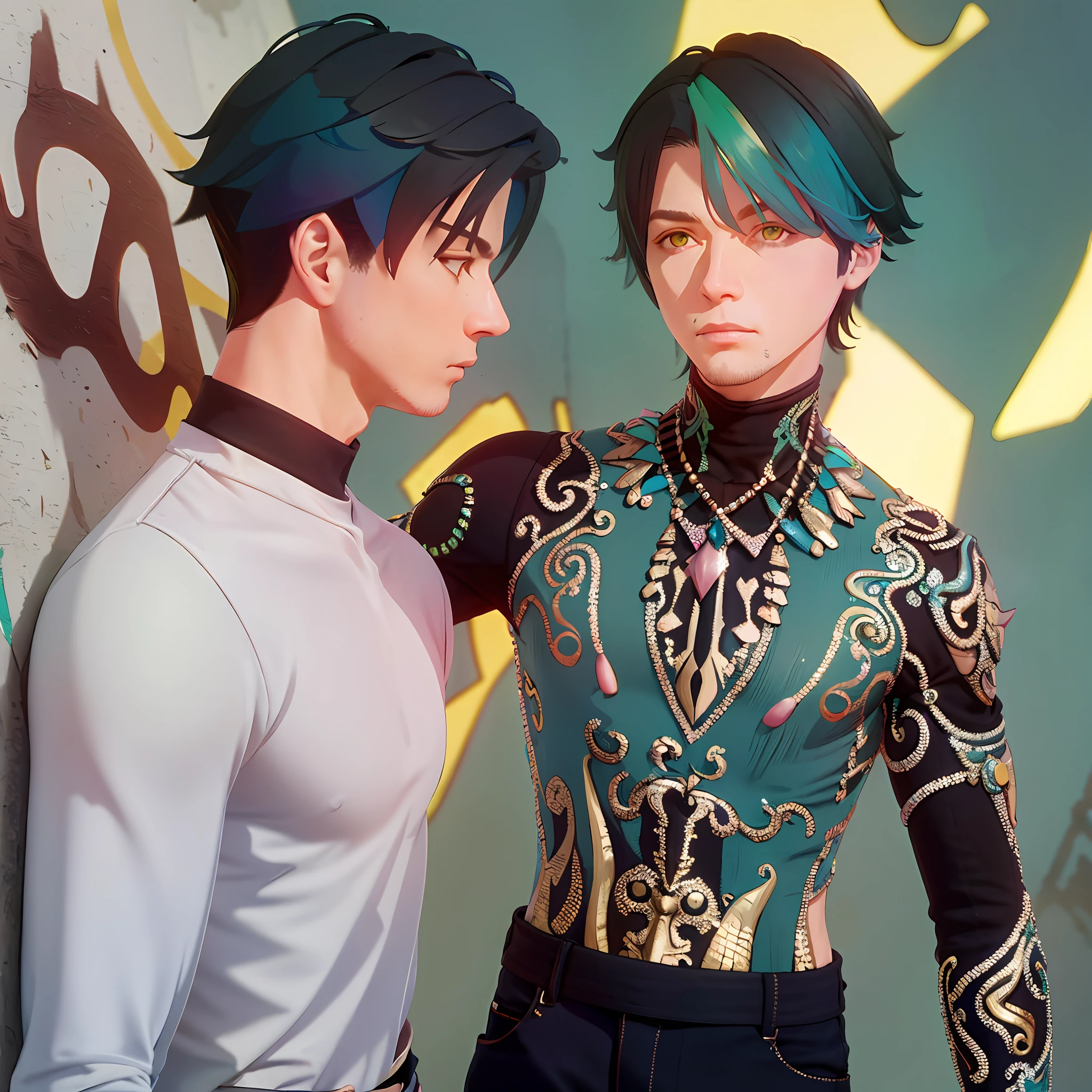(masterpiece, best quality, 1 guy, solo, intricate details, chromatic aberration), realistic, ((medium breath)), short hair, green hair, pink highlights, yellow eyes, stern eyes, black shirt, torn pants, unbuttoned jacket, turtleneck, night, against the wall, brick wall, graffiti, dim lighting, alley, look at the viewer