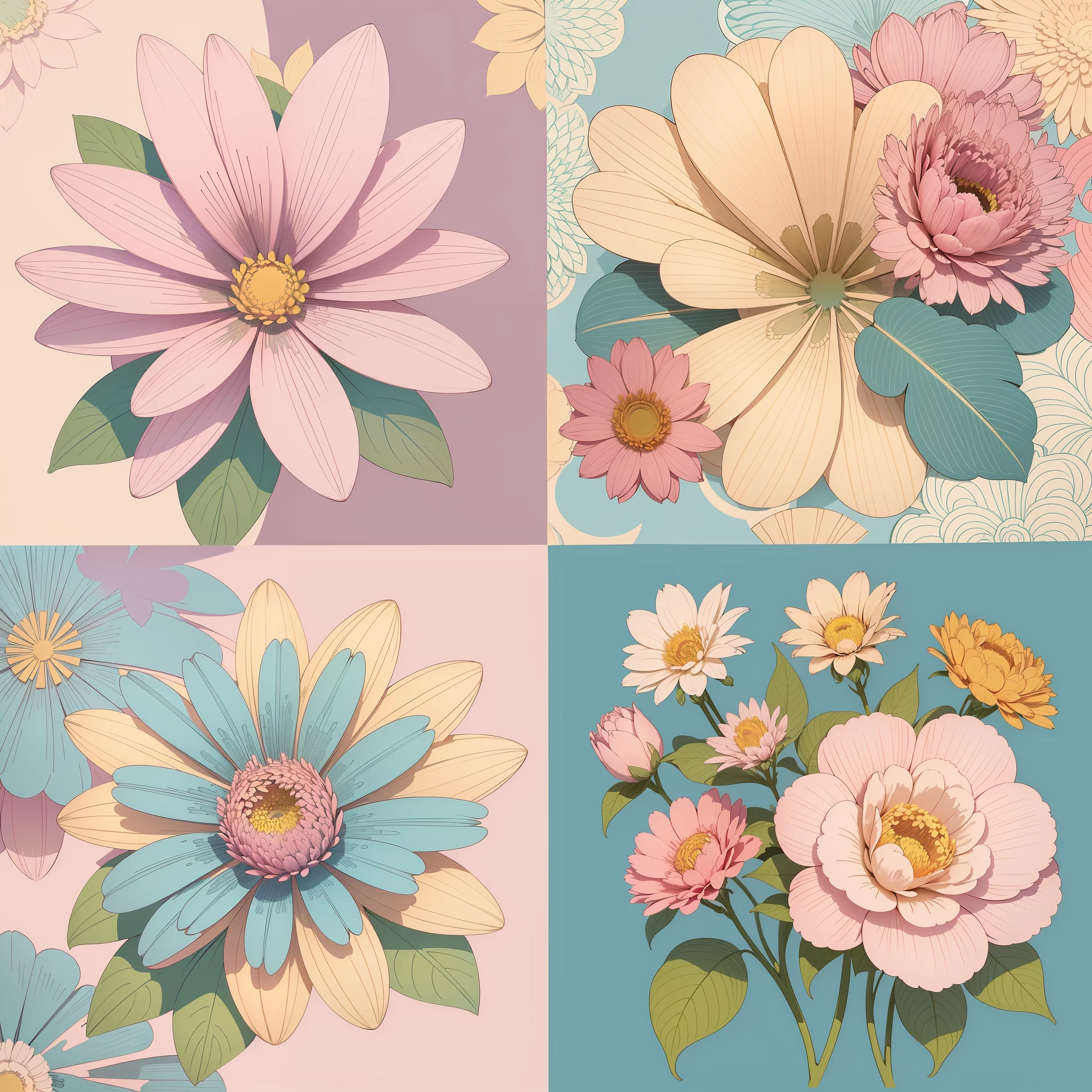 Set pattern of large flowers, defined shape, flat style, vector style, drawing style, naïve style, wallpaper style, in soft pastel colors such as old pink, pastel blue, light blue, beige, pastel yellow.