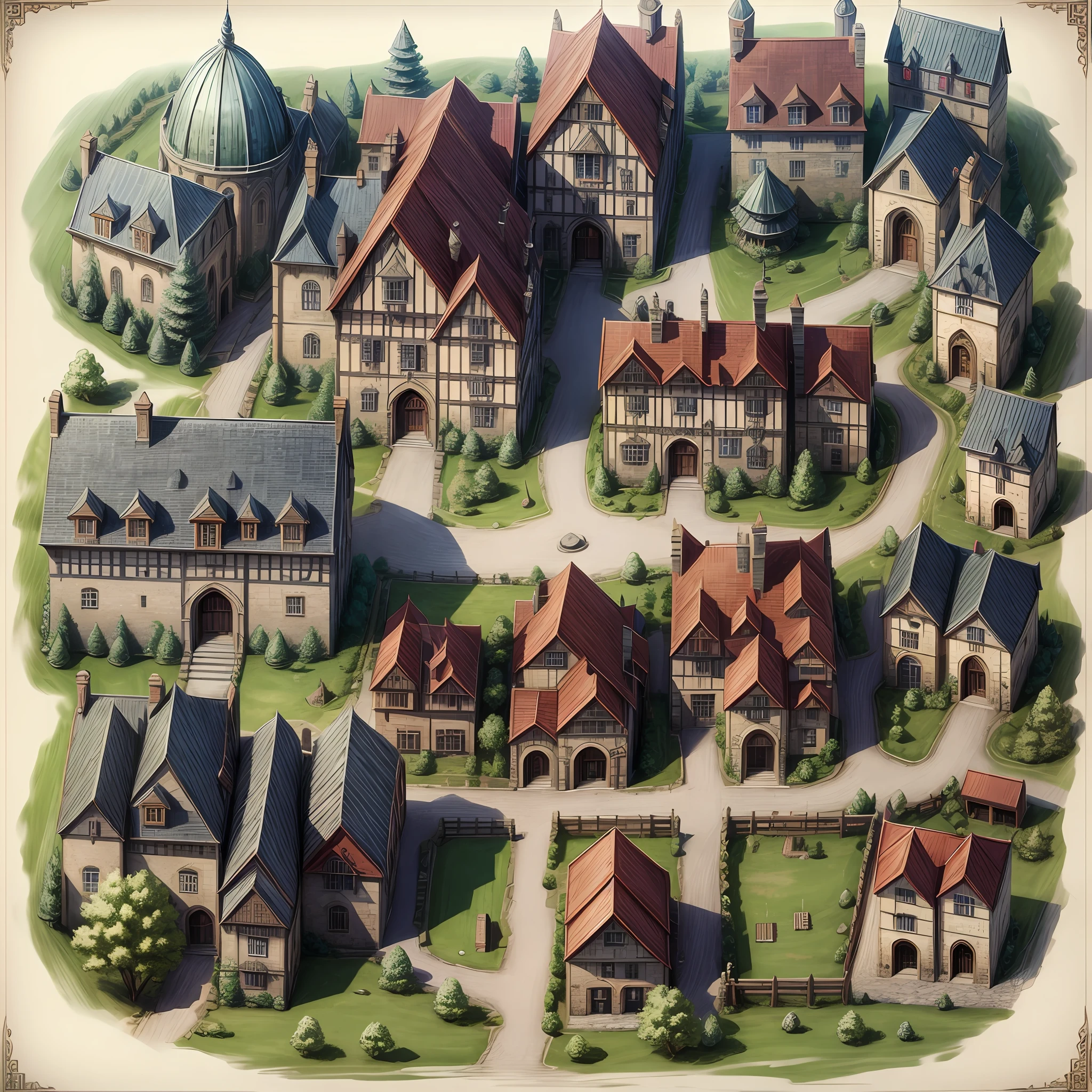 map of rpg maker mv, medieval city, best quality, rpg, houses, castle, streets, barracks, 2d, radiant environment, fantasy