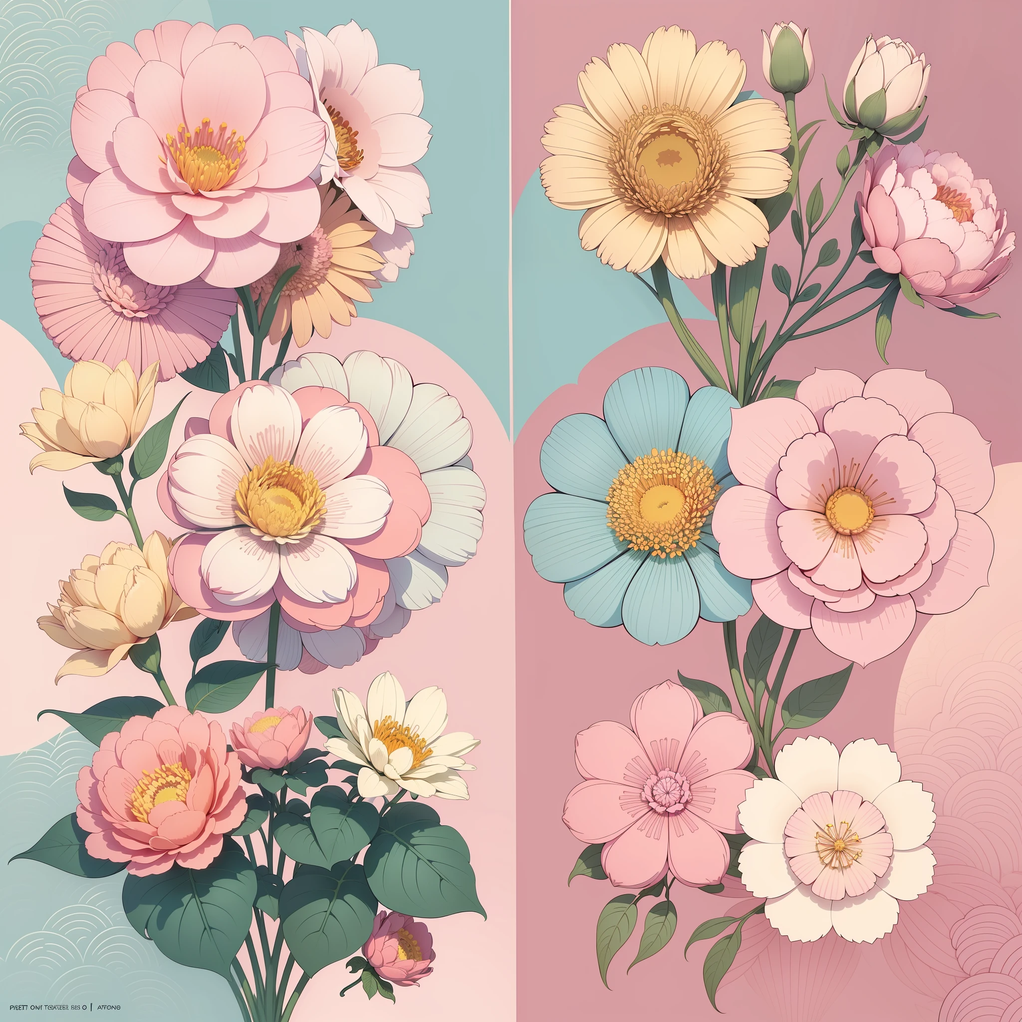 Set pattern of large flowers, defined shape, flat style, vector style, drawing style, naïve style, wallpaper style, in soft pastel colors such as old pink, pastel blue, light blue, beige, pastel yellow.