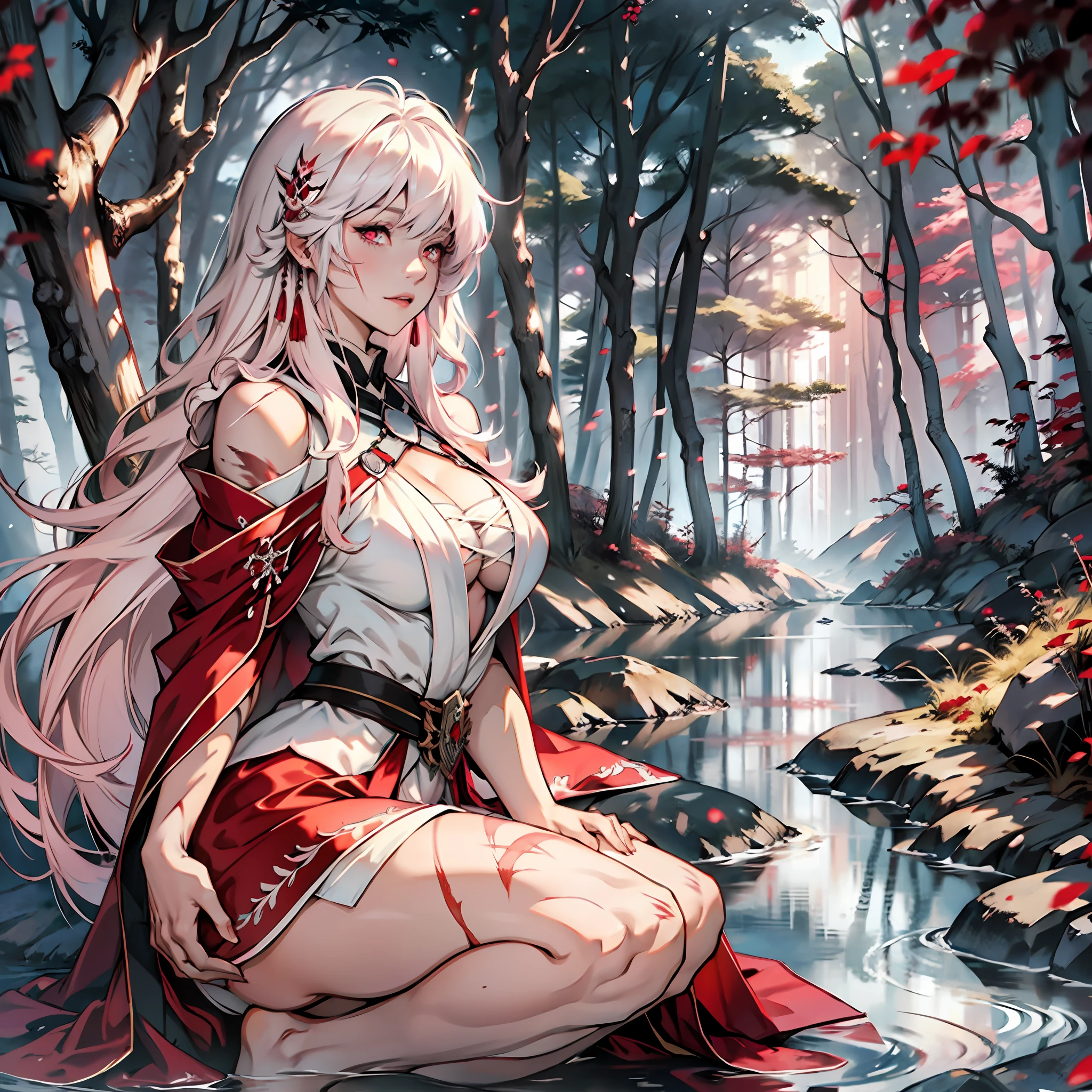 Long white hair, bangs, Japanese woman, short dress of white color with rips, cloak with dark red hood, large breasts, curvy woman, thin waist, thick legs, barefoot, scars on hands, pink colored eyes, black forest scenery, night, fantasy scenery.