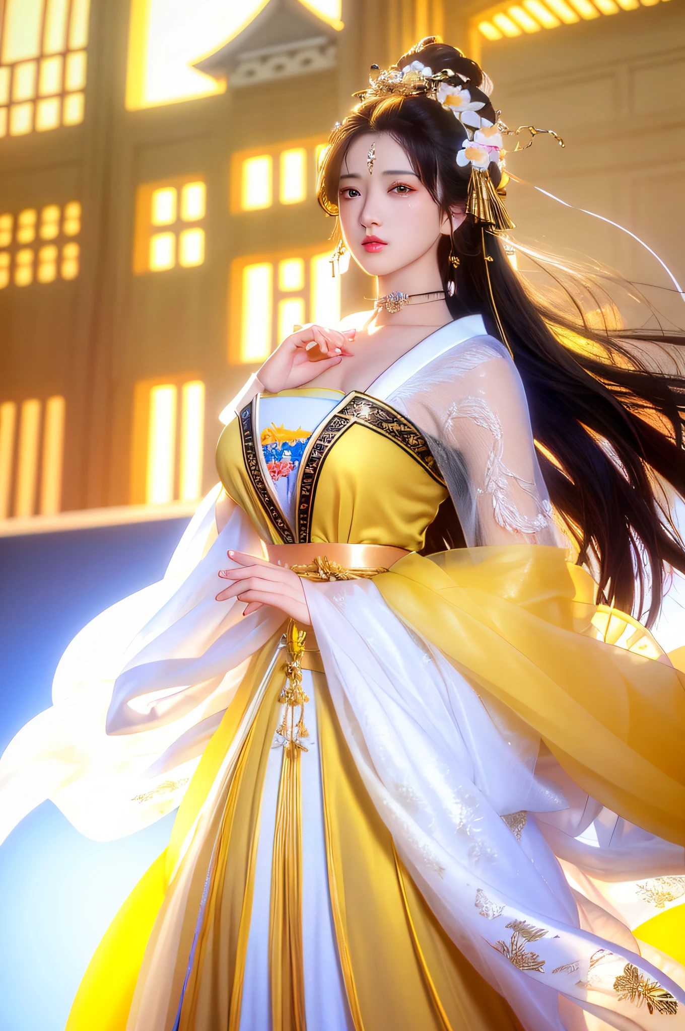 (Masterpiece: 1.0), (Best Quality: 1.4), (Ultra High Resolution: 1.2), (Fine Illustration: 1.4), (8k, RAW Photo: 1.2), (Soft Focus: 1.4), (Sharp Focus: 1.4), (Korea: 1.0), (China: 1.0), (Liu Yifei: 1.3), Ultra-realistic 8k Game CG, Masterpiece, Sunlight, High Quality, Pale Skin, Outrageously Long Brunet, Blue Eyes, Fantasy, Looking at the Audience, Portrait, Film Lighting, Film Bloom, Soft Light , Upper body, Lips, (Masterpiece: 1.4), (Best quality: 1.4), (Shiny skin), Huge breasts, Juice, Puffiness, Large areola, Huge, Round eyes and long hair, symmetrical face, perfect skin, volumetric lighting, stunning environment, highly detailed, ultra-realistic, thick lips, beautiful lips, symmetrical, (yellow skin tone), warm tones, black hair, complex hair accessories, earrings, bracelets, (choker: 1, 3), accessories, hair accessories, big breasts, (flower background ), external shooting,