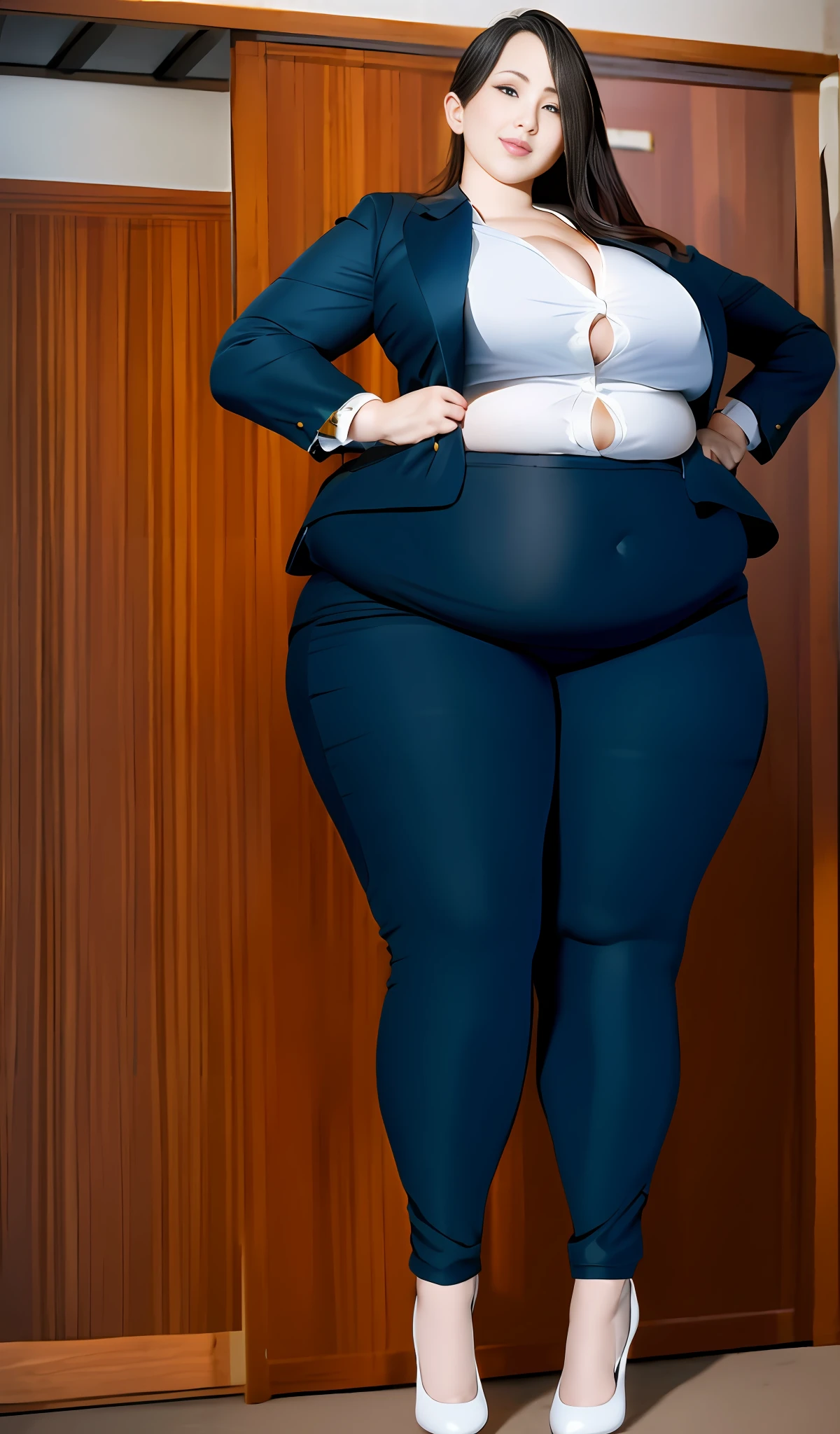 4k, realistic, carismatic, very detail, there is a girl in the room, she is a boss, office theme, soft clothes, long hair, wearing cloth pants blazer, 35 years old, full body, wearing high heels, plump belly, chubby, obese, massive breasts, wide hips, pants ripping along the seams