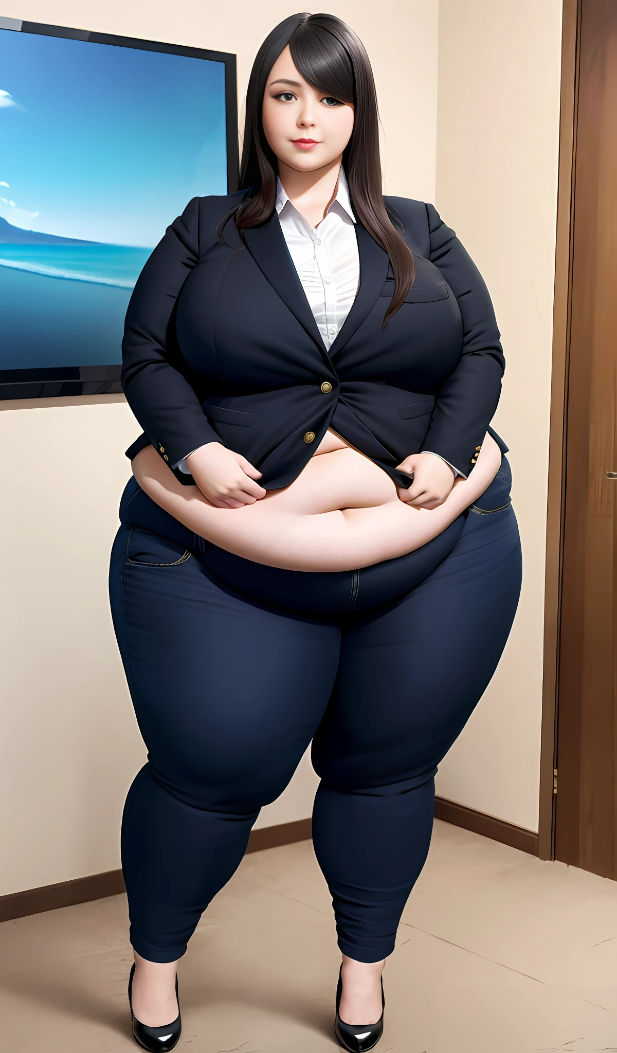 4k, realistic, carismatic, very detail, there is a girl in the room, she is a boss, office theme, soft clothes, long hair, wearing cloth pants blazer, 35 years old, full body, wearing high heels, plump belly, chubby, obese, massive breasts, wide hips, pants ripping along the seams