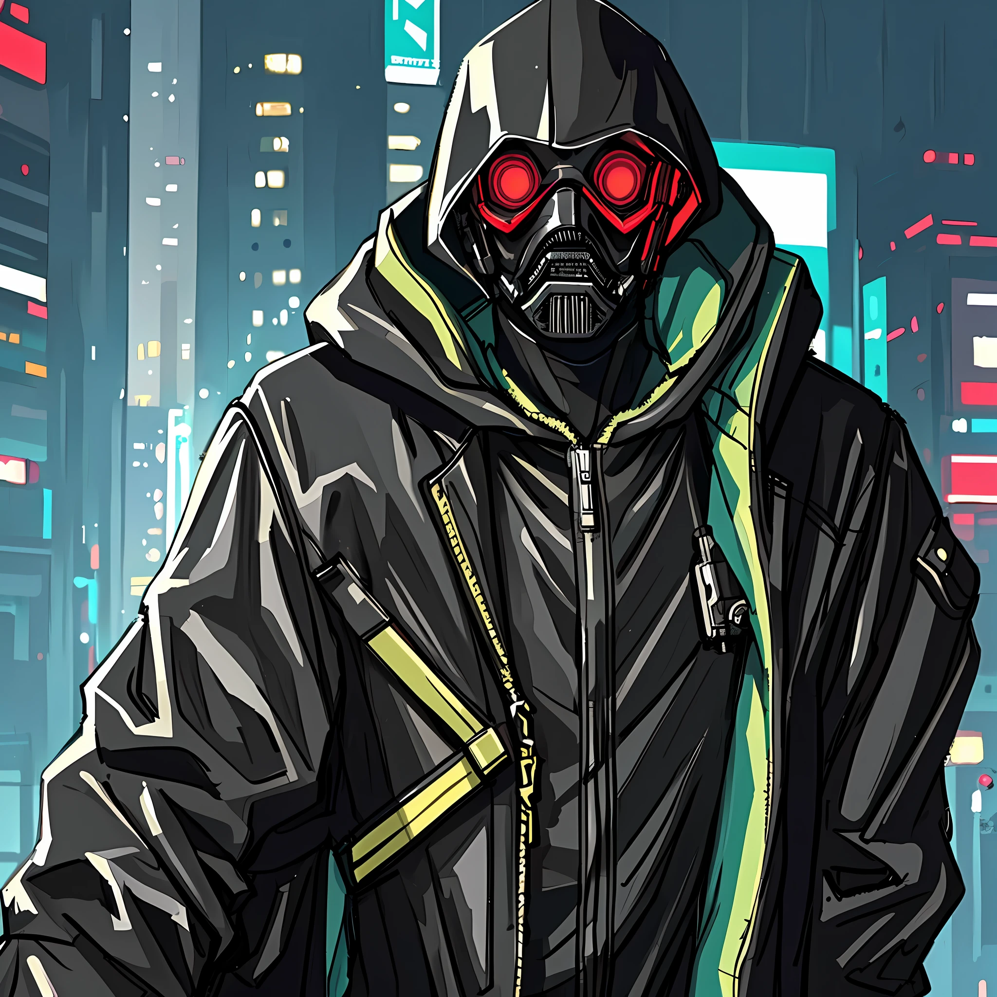 ((masterpiece)),((best quality)),((high detail)),((realistic,)) 1man, black hooded coat, covering all face, hidden face, cyberpunk mask, futuristic background, cyberpunk background, portrait, imposing